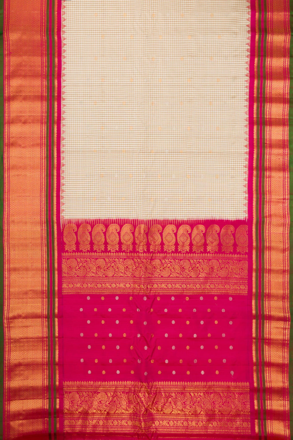Flat view of Multi Color Gadwal Silk Saree with Checked design on the body and Zari Border. 