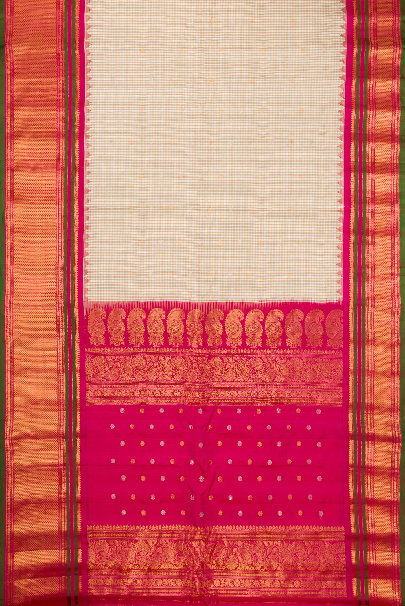 Flat view of Multi Color Gadwal Silk Saree with Checked design on the body and Zari Border. 