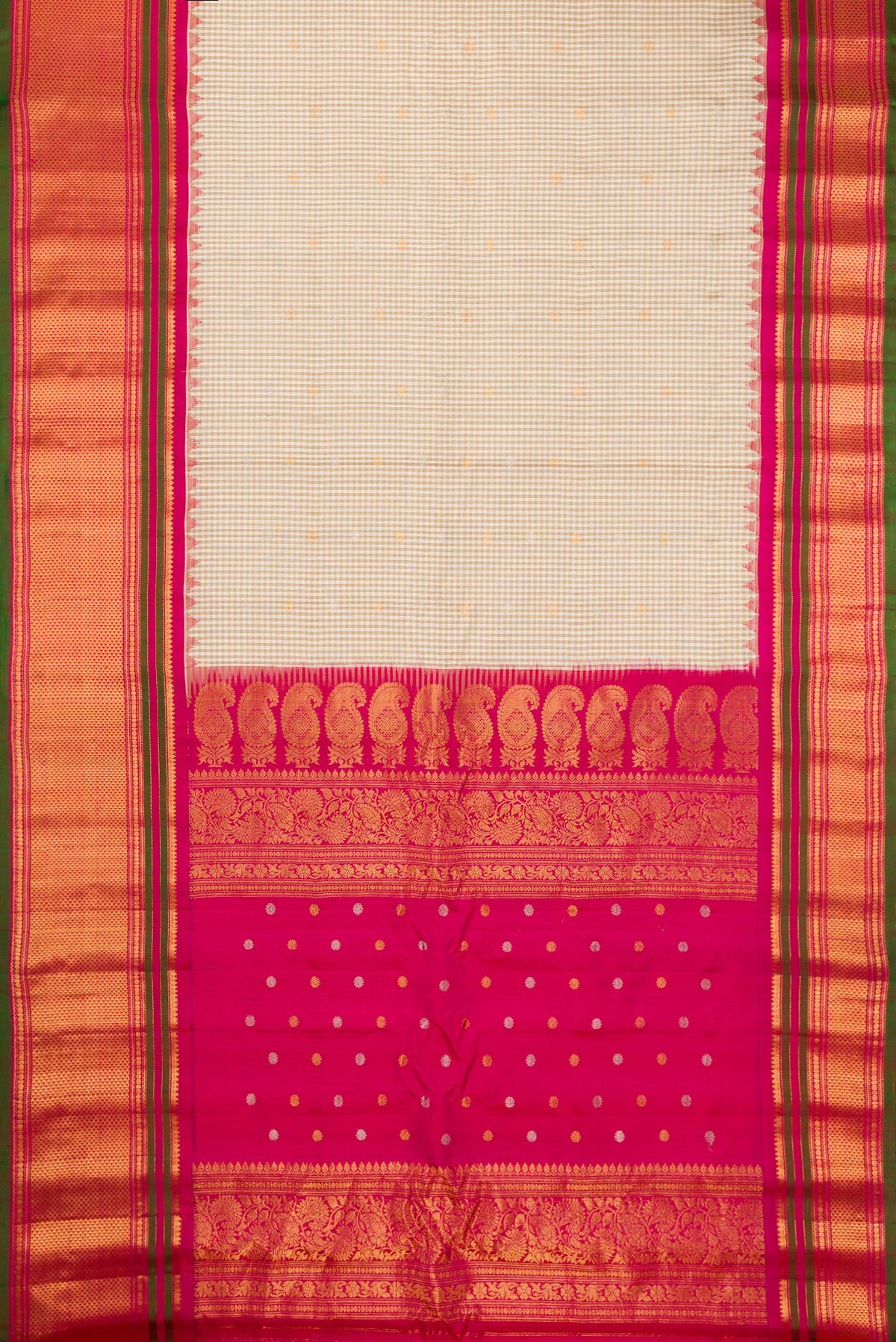 Flat view of Multi Color Gadwal Silk Saree with Checked design on the body and Zari Border. 