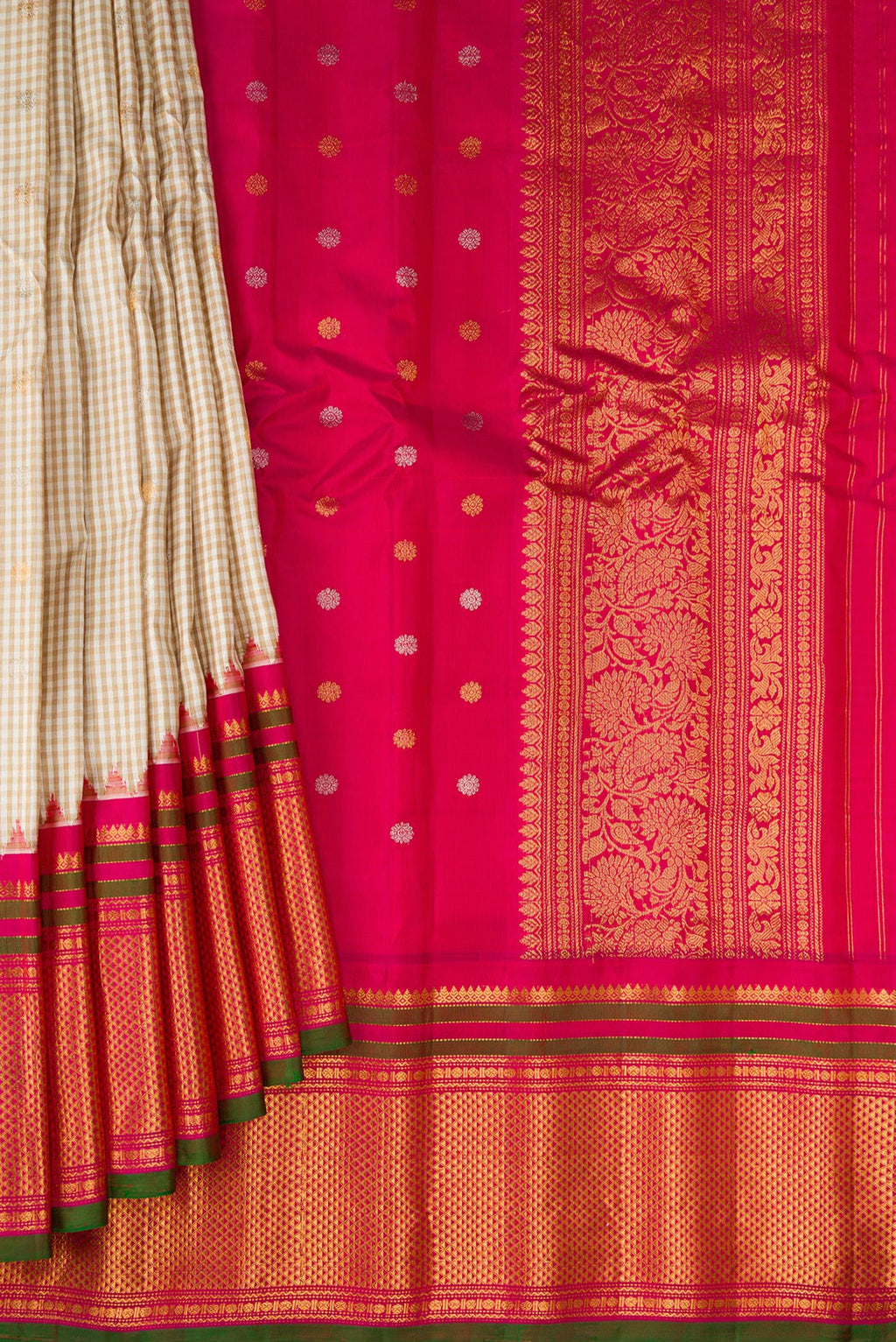 Pleats and pallu of Multi Color Gadwal Silk Saree with Checked design on the body and Zari Border. 