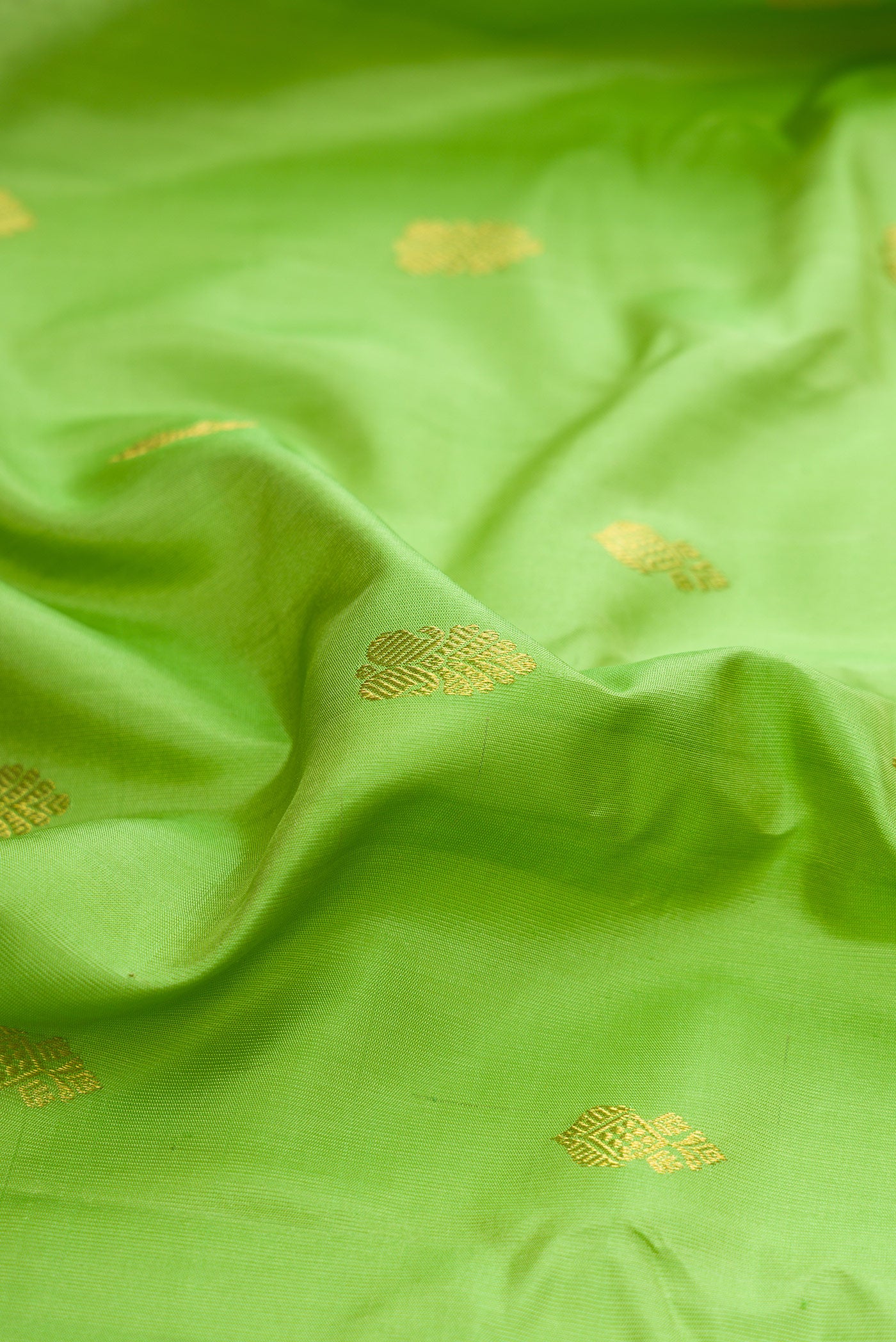 Close up of Parrot Green Gadwal Silk Saree with Zari Butta on the body and Fancy Border.  displaying folds