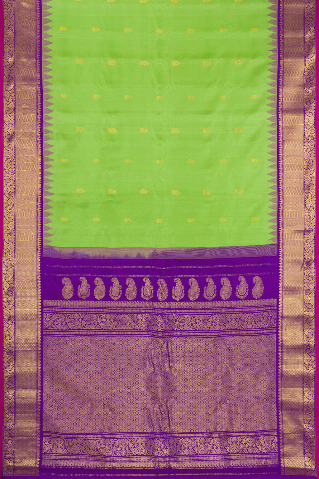 Flat view of Parrot Green Gadwal Silk Saree with Zari Butta on the body and Fancy Border. 
