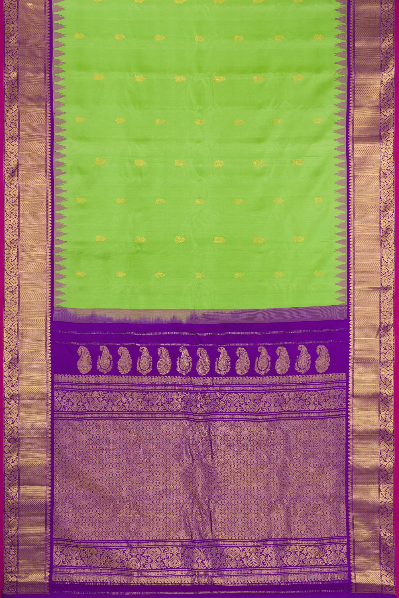 Flat view of Parrot Green Gadwal Silk Saree with Zari Butta on the body and Fancy Border. 