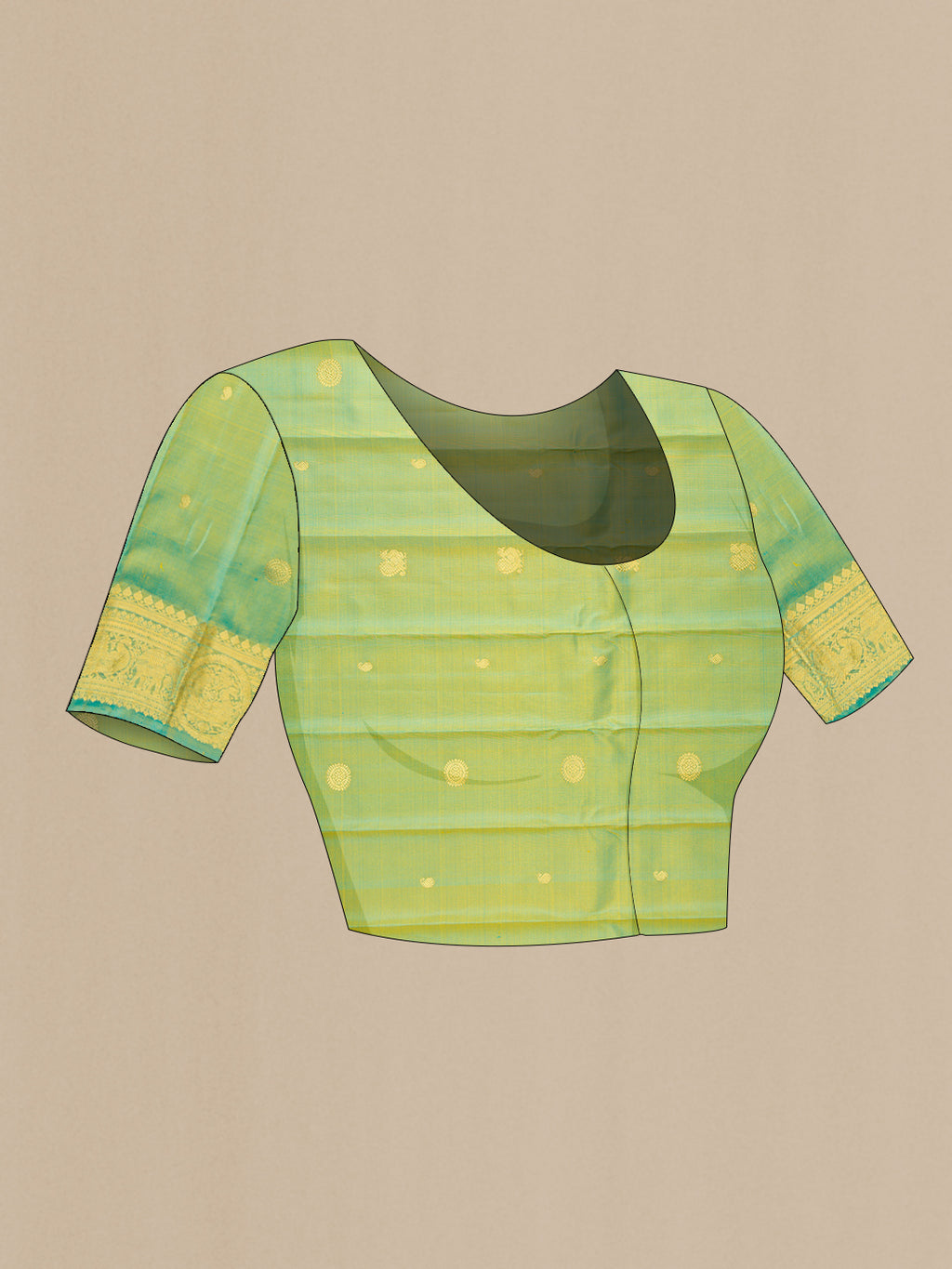 Close up image of the blouse of Yellow Gadwal Silk Saree with Zari Butta on the body and Temple Border. 