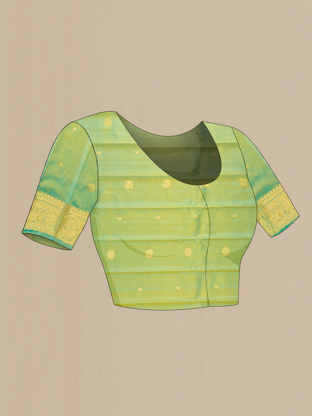 Close up image of the blouse of Yellow Gadwal Silk Saree with Zari Butta on the body and Temple Border. 