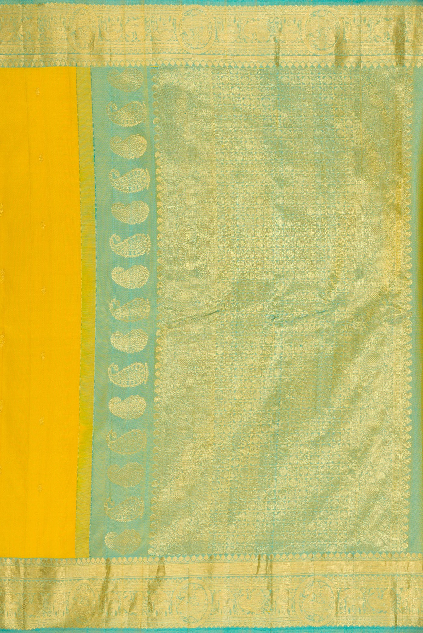 Close up image of the pallu of Yellow Gadwal Silk Saree with Zari Butta on the body and Temple Border. 
