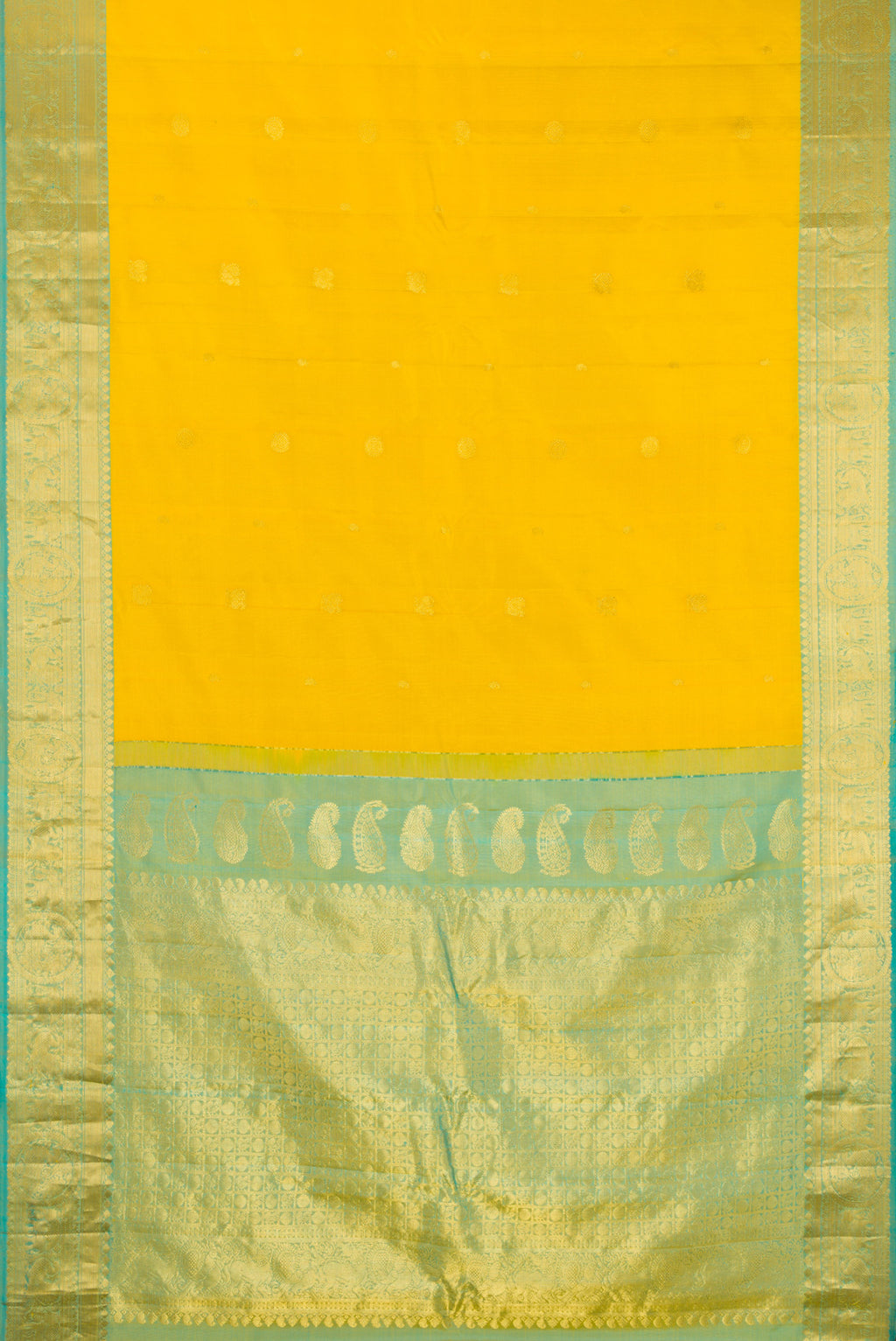 Flat view of Yellow Gadwal Silk Saree with Zari Butta on the body and Temple Border. 