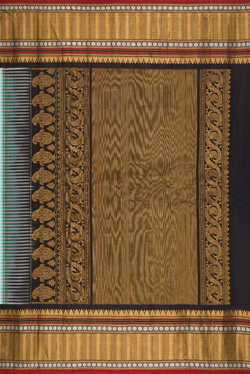 Close up image of the pallu of Light Blue Gadwal Silk Saree with Checked design on the body and Zari Border. 