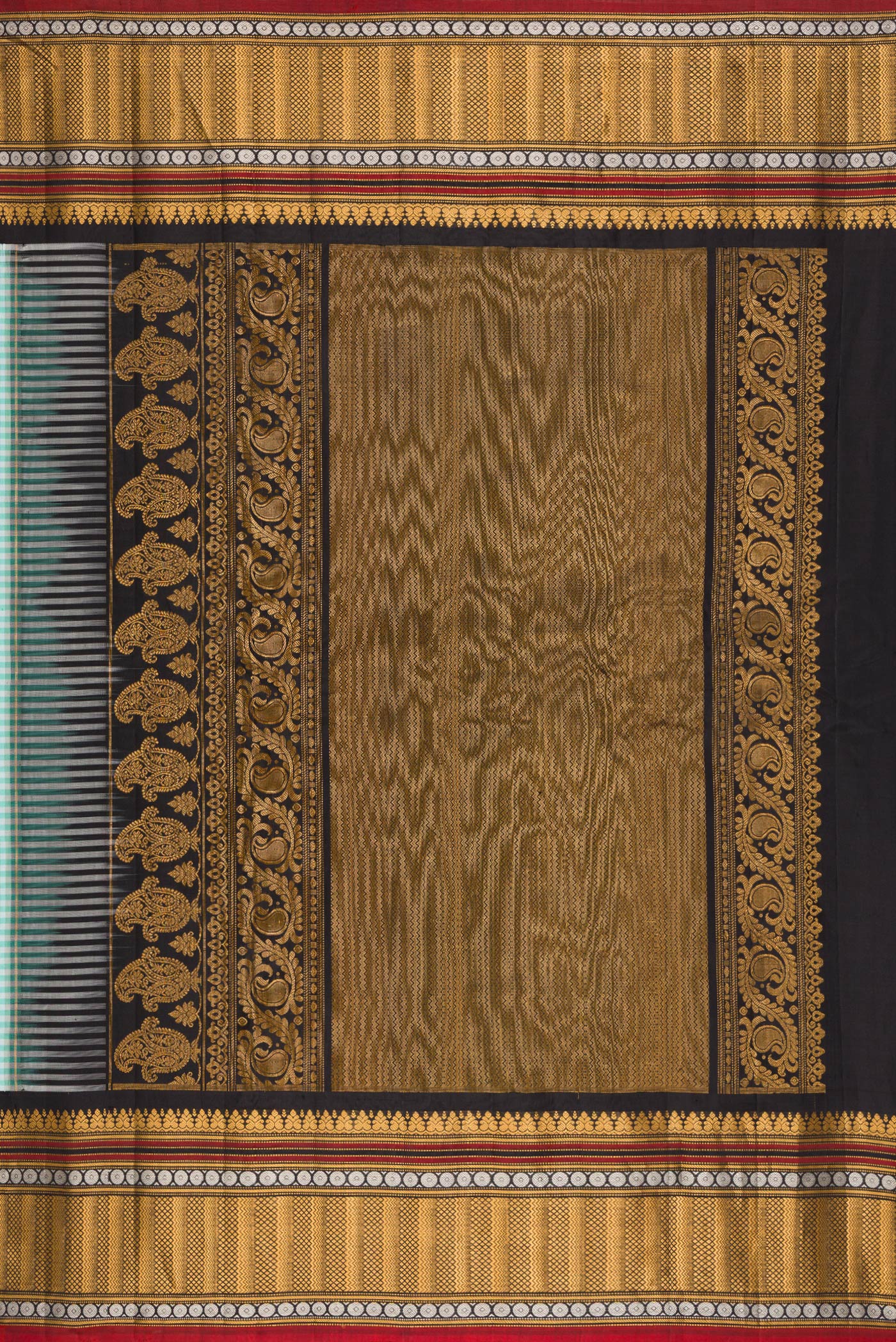 Close up image of the pallu of Light Blue Gadwal Silk Saree with Checked design on the body and Zari Border. 