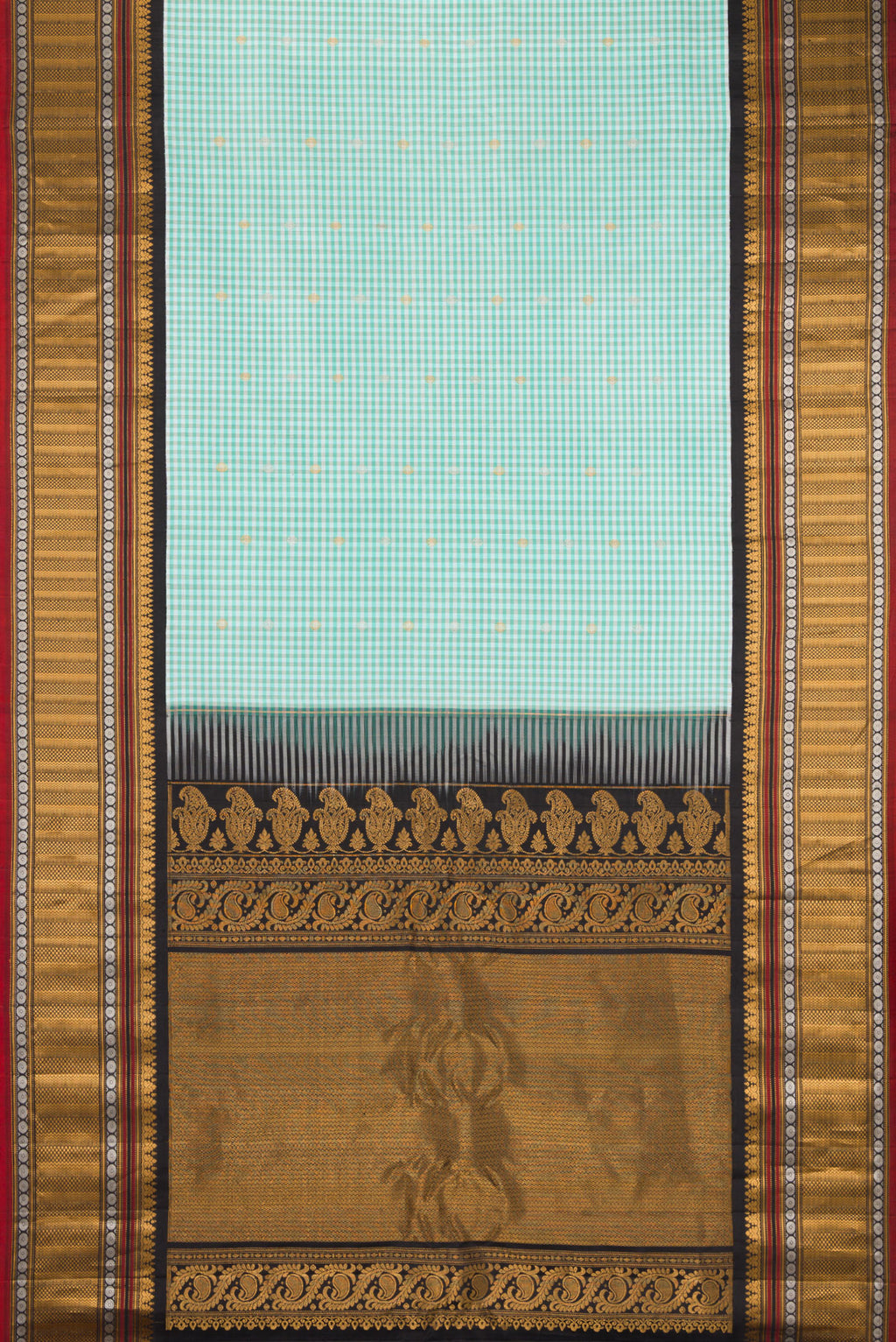 Flat view of Light Blue Gadwal Silk Saree with Checked design on the body and Zari Border. 