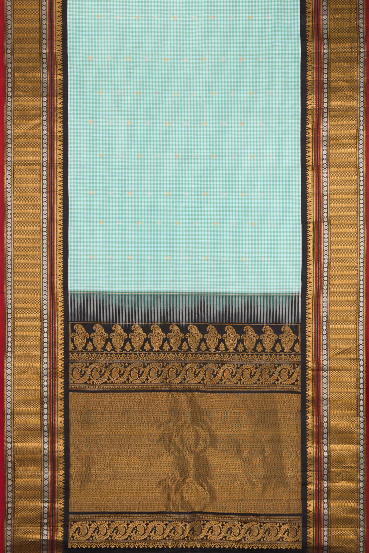 Flat view of Light Blue Gadwal Silk Saree with Checked design on the body and Zari Border. 