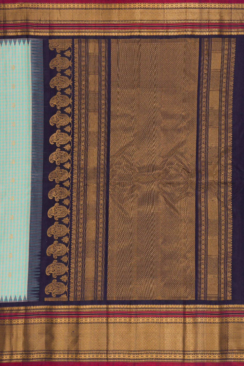 Close up image of the pallu of Light Blue Gadwal Silk Saree with Checked design on the body and Temple Border. 