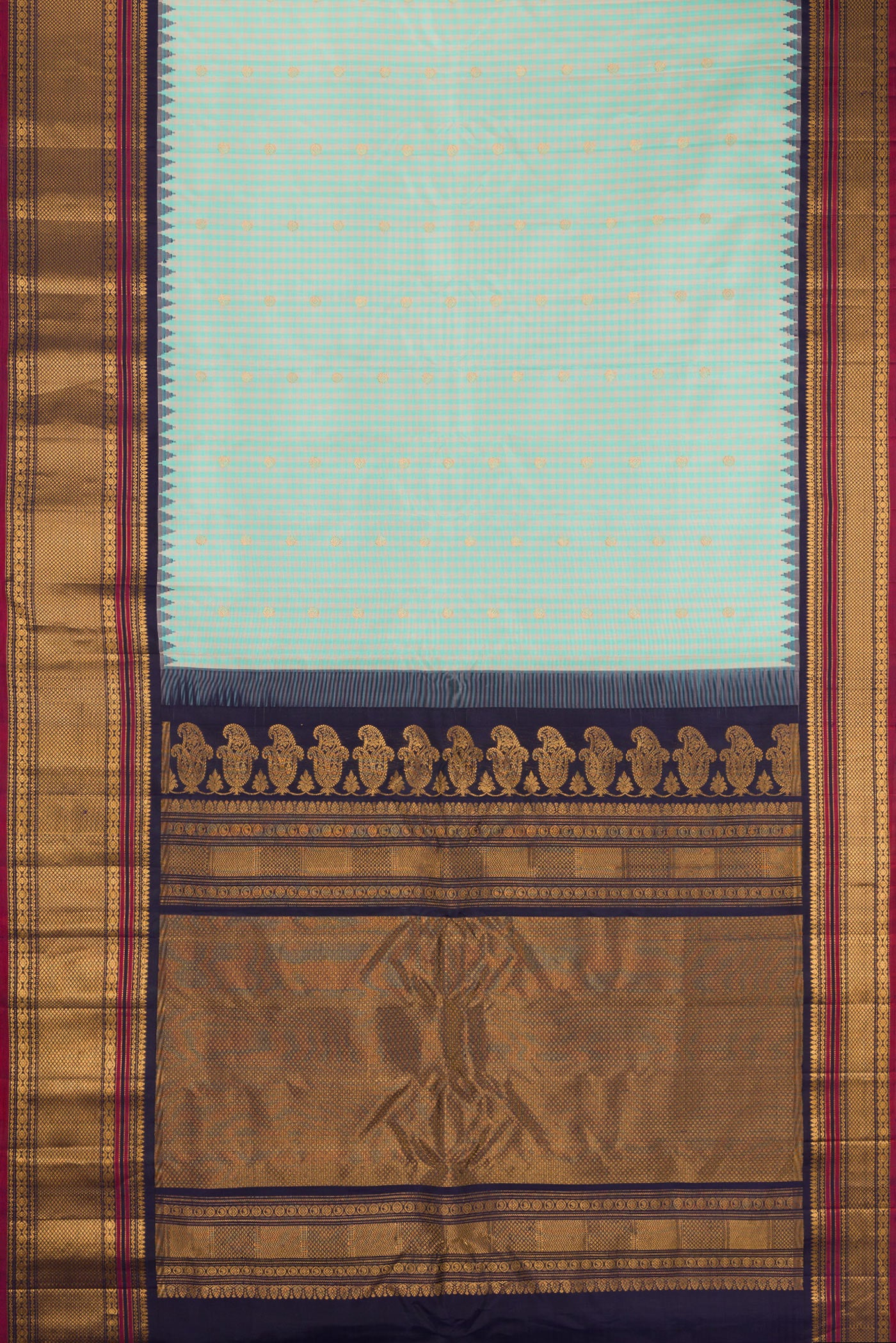 Flat view of Light Blue Gadwal Silk Saree with Checked design on the body and Temple Border. 