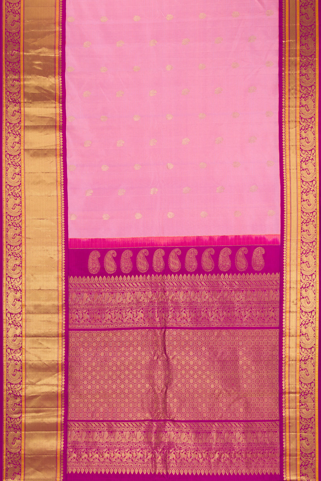 Flat view of Pink Gadwal Silk Saree with Zari Butta on the body and Zari Border. 