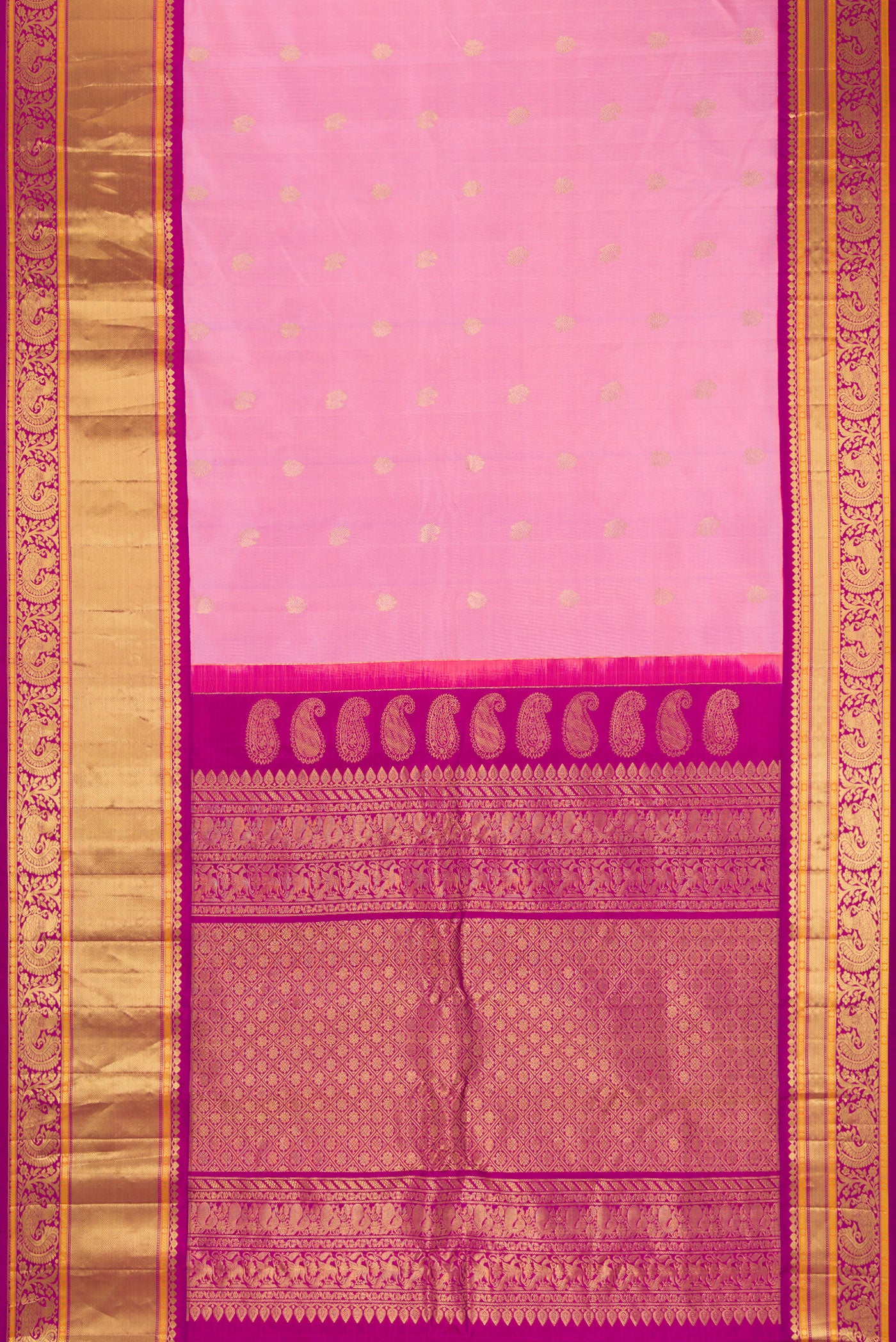 Flat view of Pink Gadwal Silk Saree with Zari Butta on the body and Zari Border. 