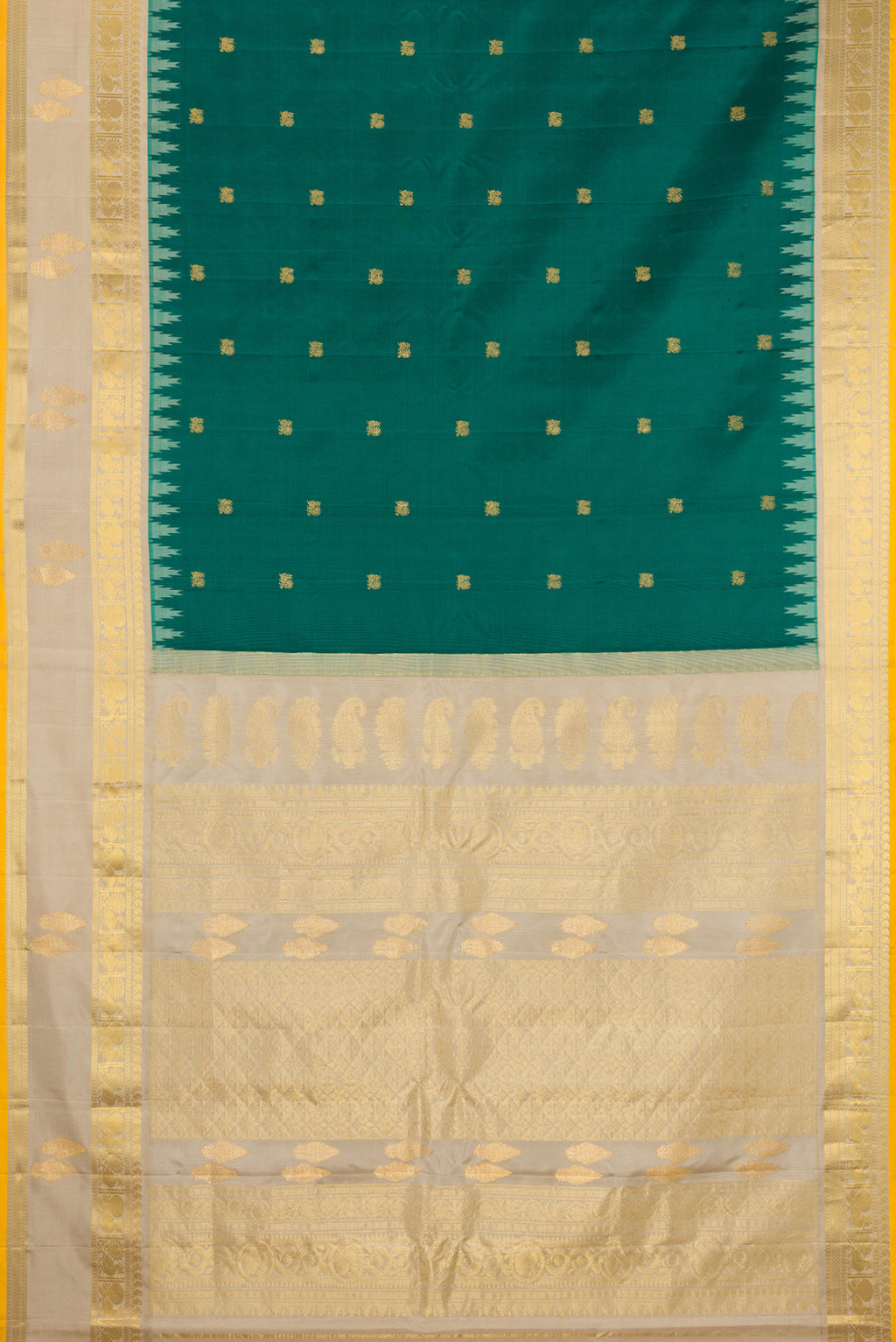 Flat view of Green Gadwal Silk Saree with Zari Butta on the body and Temple Border. 