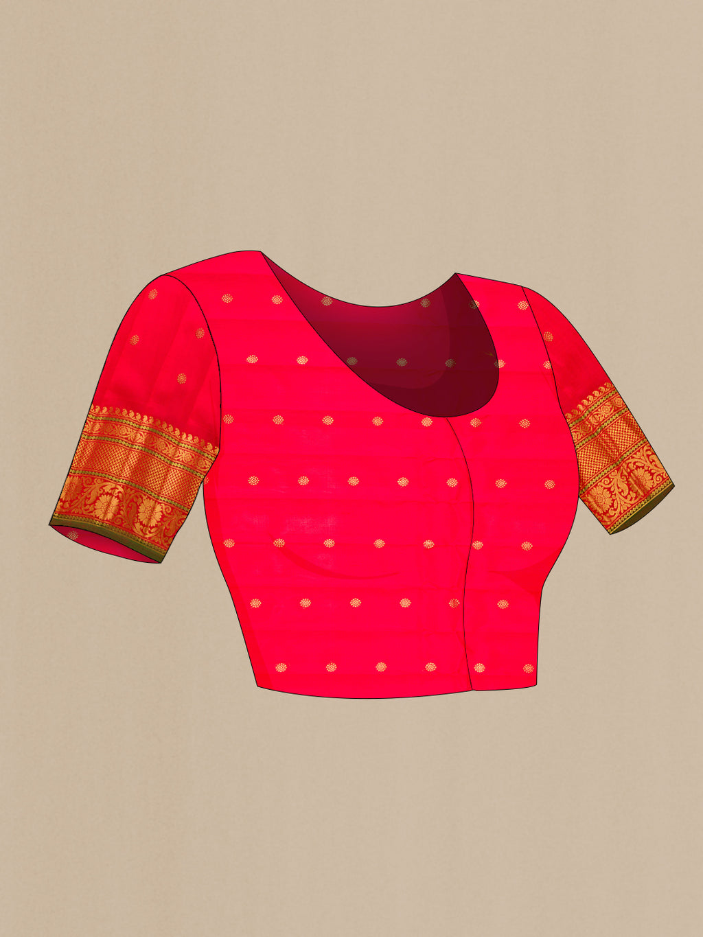 Close up image of the blouse of Cream Gadwal Silk Saree with Checked design on the body and Temple Border. 