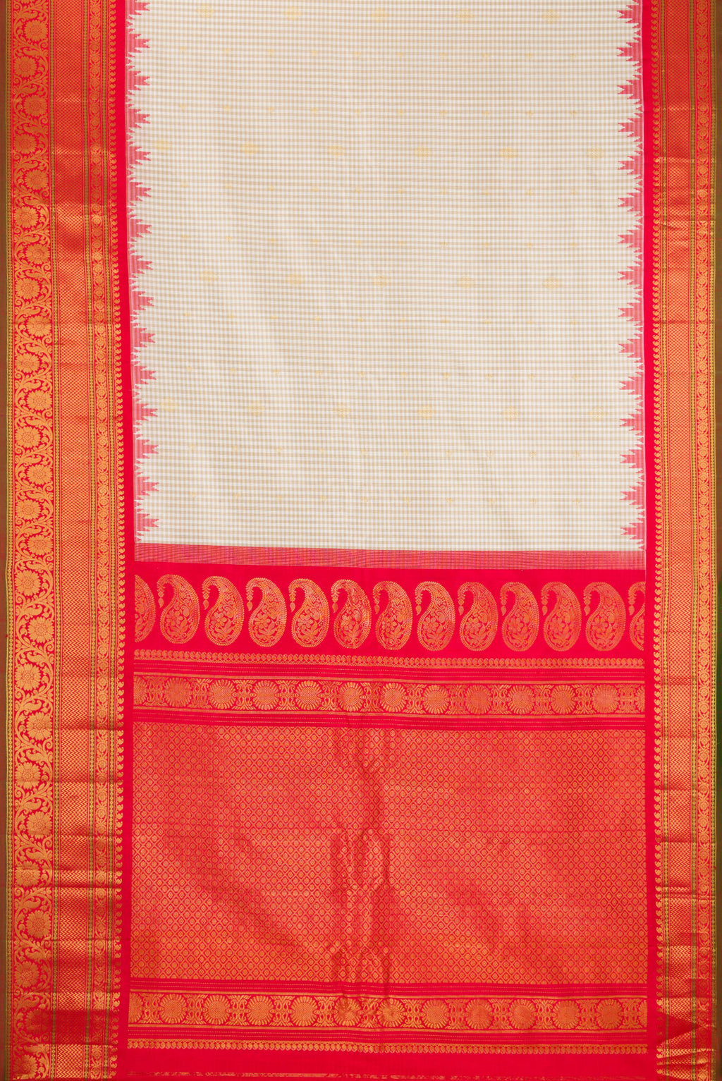 Flat view of Cream Gadwal Silk Saree with Checked design on the body and Temple Border. 