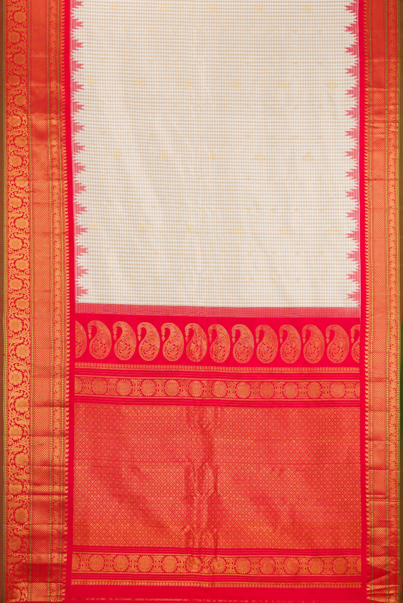 Flat view of Cream Gadwal Silk Saree with Checked design on the body and Temple Border. 