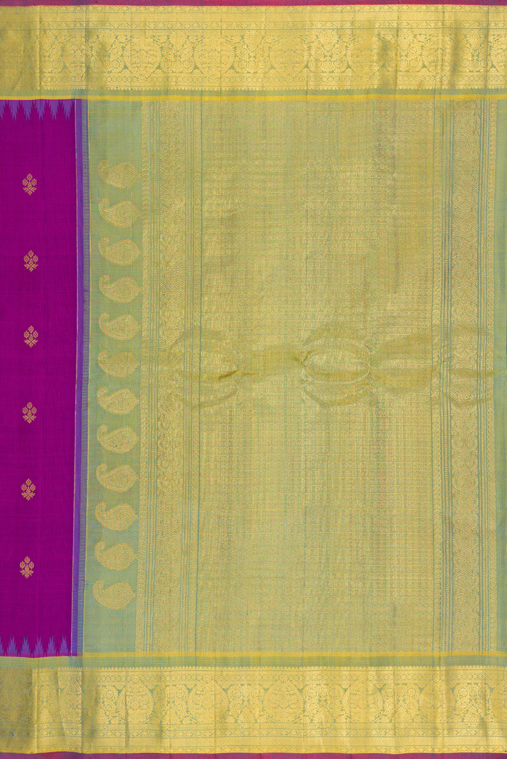 Close up image of the pallu of Purple Gadwal Silk Saree with Zari Butta on the body and Zari Border. 