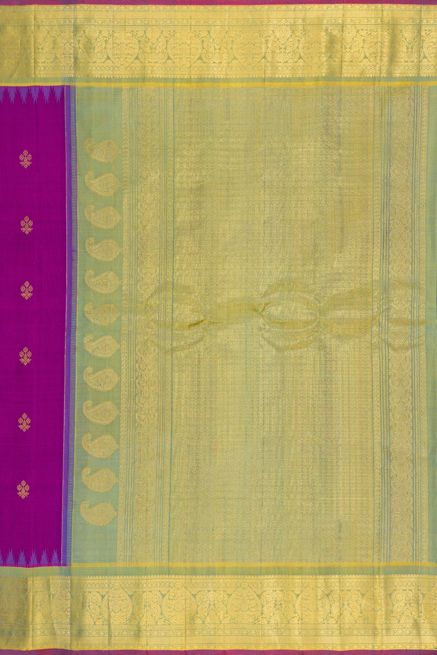 Close up image of the pallu of Purple Gadwal Silk Saree with Zari Butta on the body and Zari Border. 