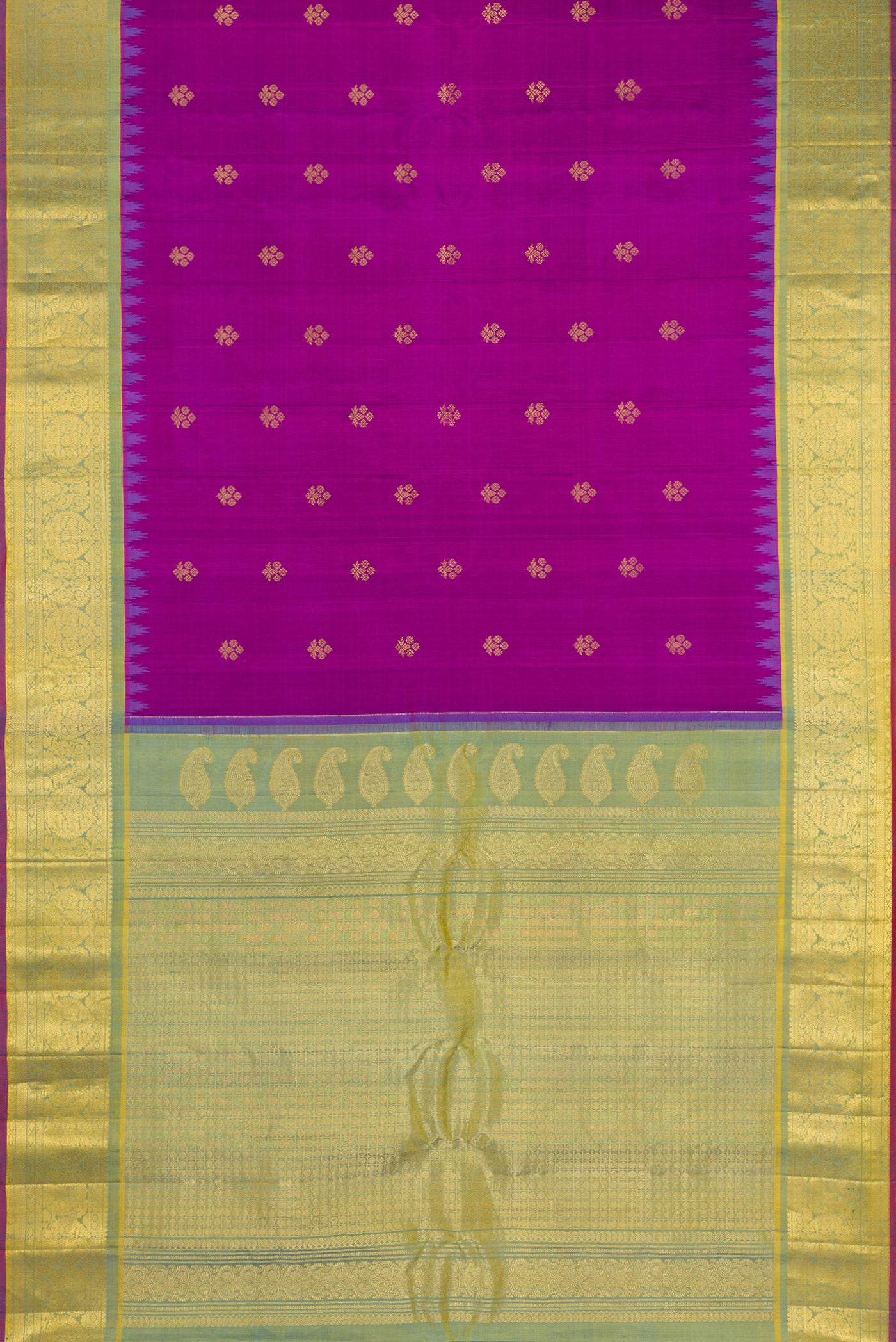 Flat view of Purple Gadwal Silk Saree with Zari Butta on the body and Zari Border. 