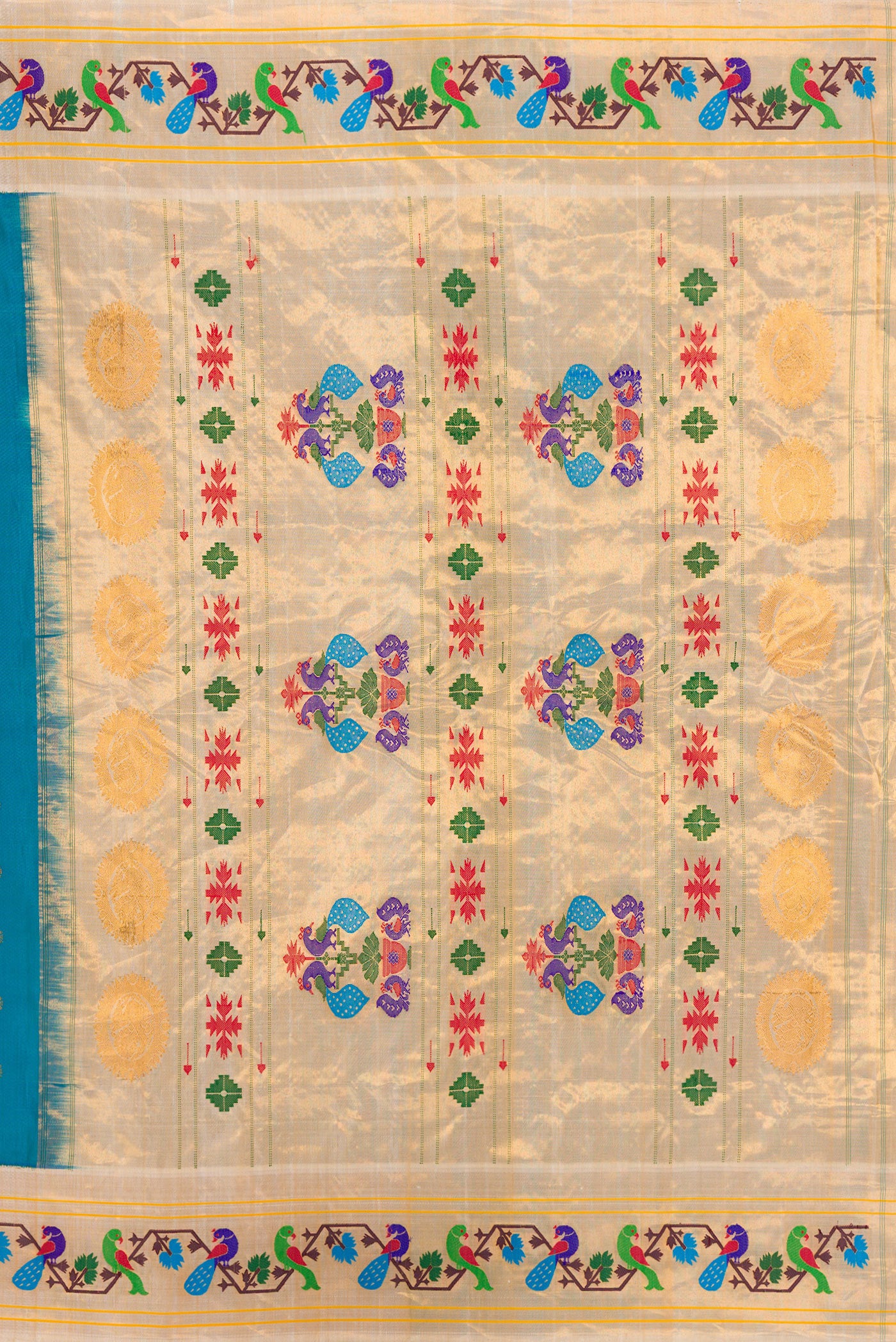 Close up image of the pallu of Peacock Blue Paithani Silk Saree with Zari Butta on the body and Paithani Border. 