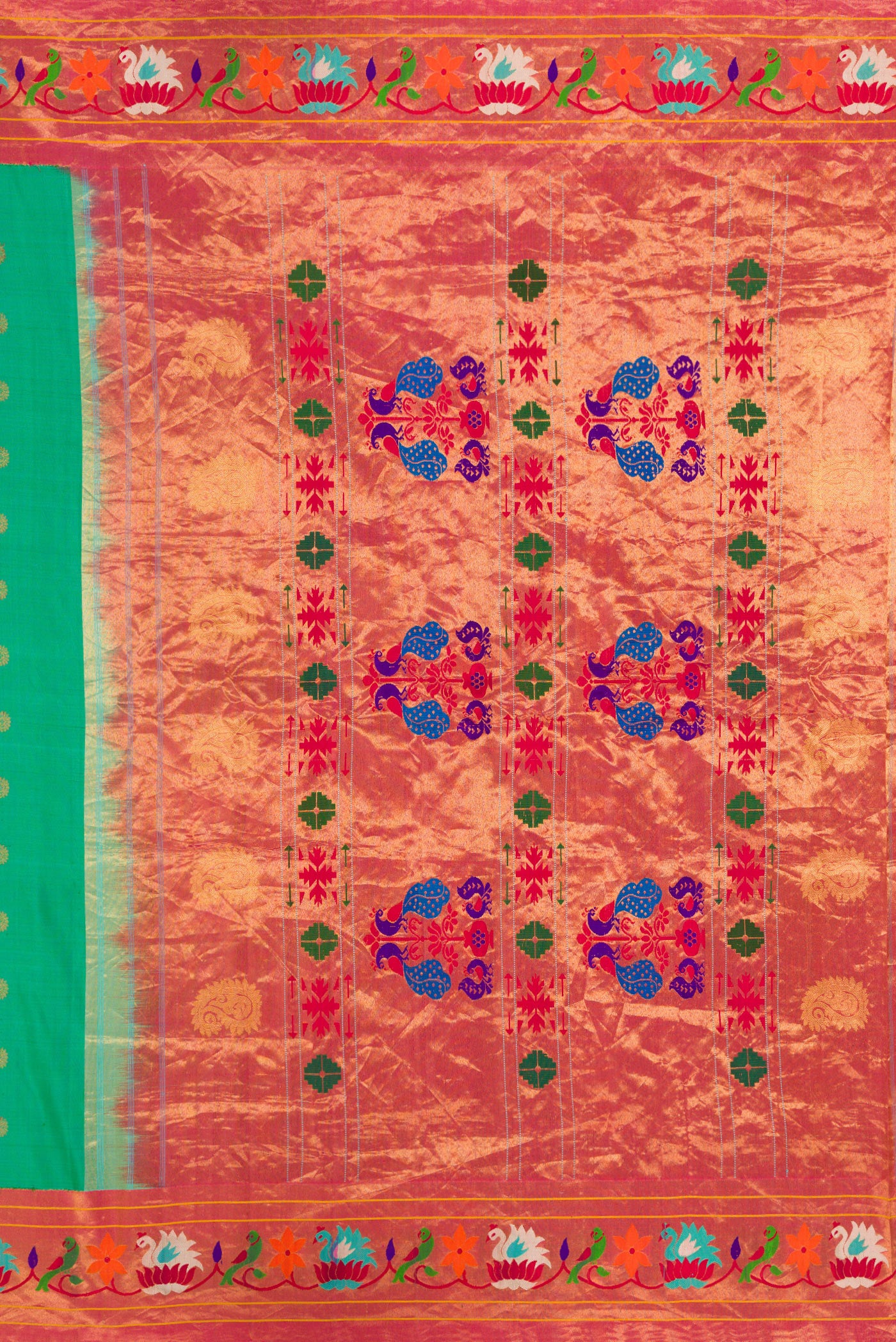 Close up image of the pallu of Sea Green Paithani Silk Saree with Zari Butta on the body and Paithani Border. 