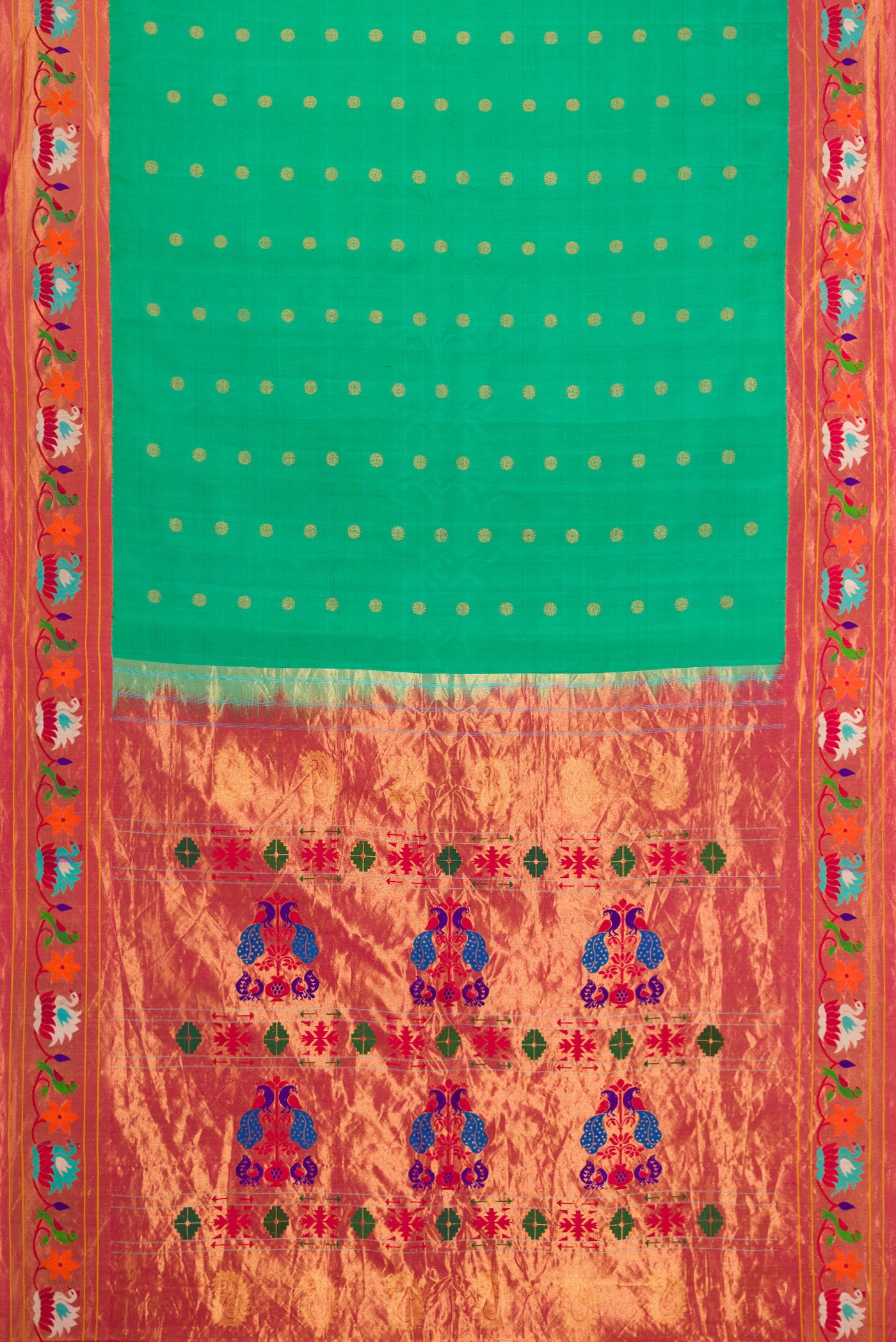 Flat view of Sea Green Paithani Silk Saree with Zari Butta on the body and Paithani Border. 