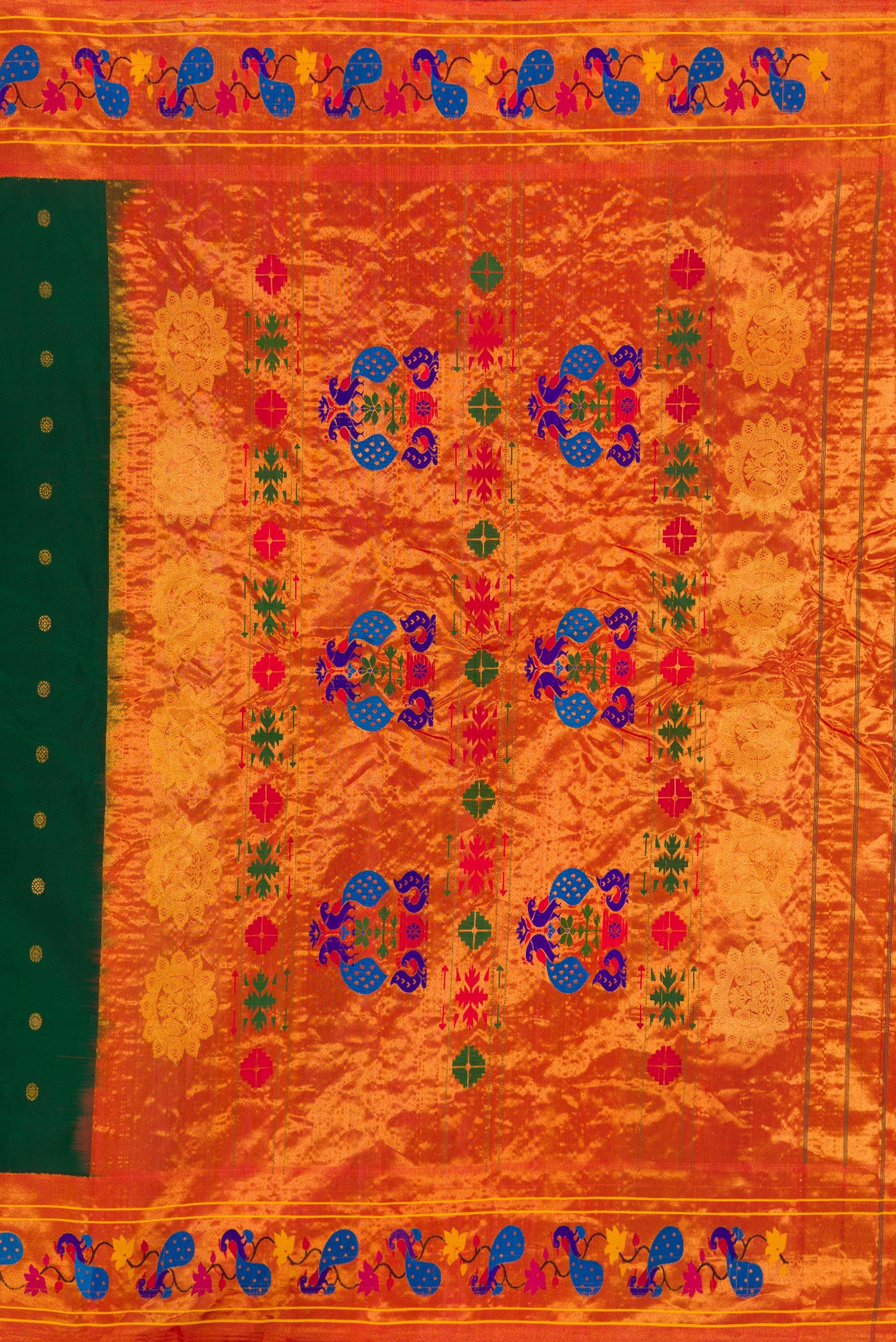 Close up image of the pallu of Bottle Green Paithani Silk Saree with Zari Butta on the body and Paithani Border. 