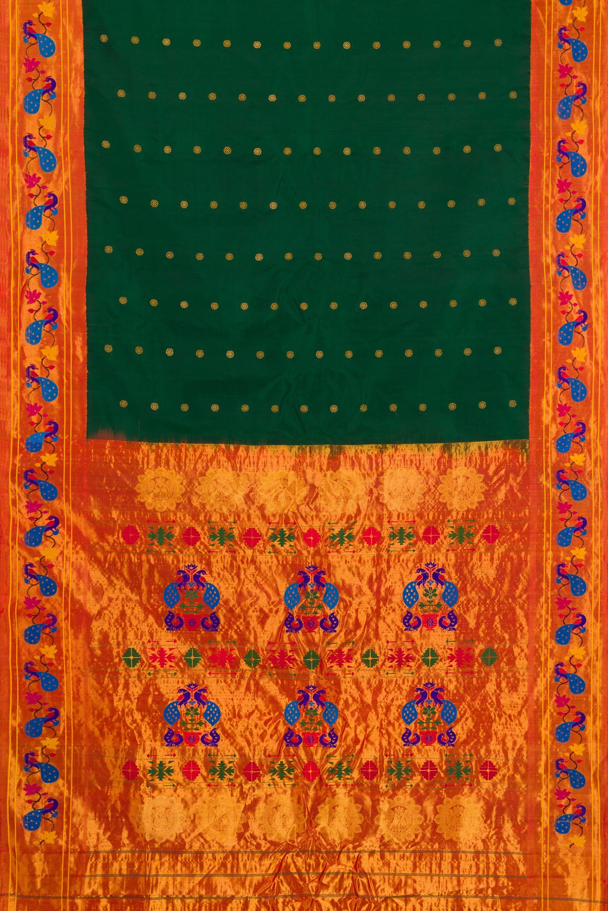 Flat view of Bottle Green Paithani Silk Saree with Zari Butta on the body and Paithani Border. 