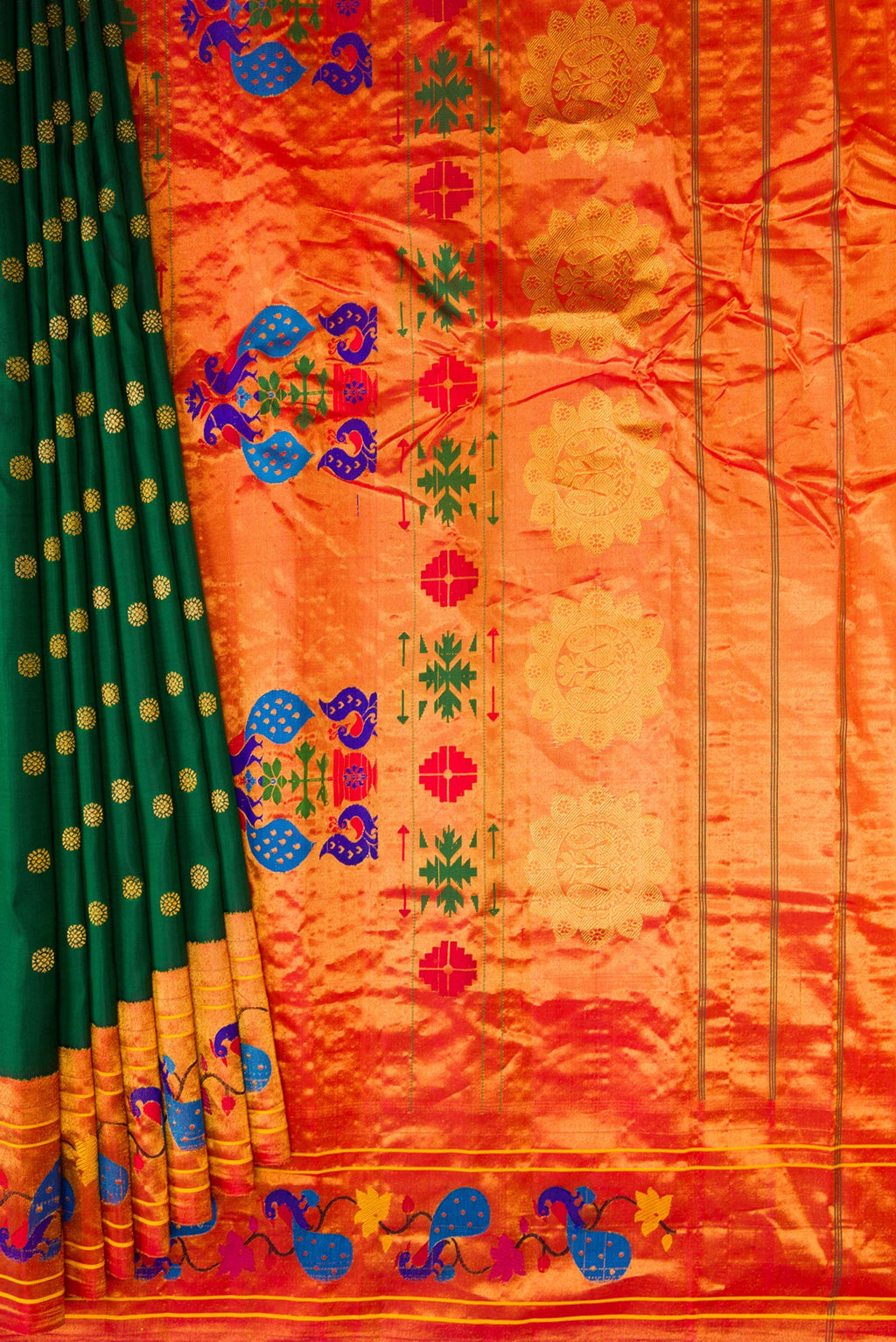 Pleats and pallu of Bottle Green Paithani Silk Saree with Zari Butta on the body and Paithani Border. 