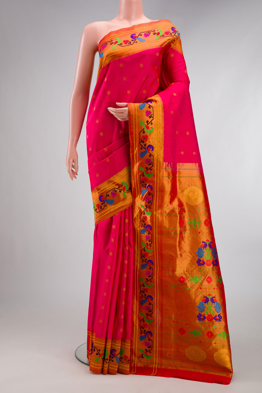 Pink Dual Tone Paithani Silk Saree with Zari Butta on the body and Paithani Border.  displayed on a mannequin