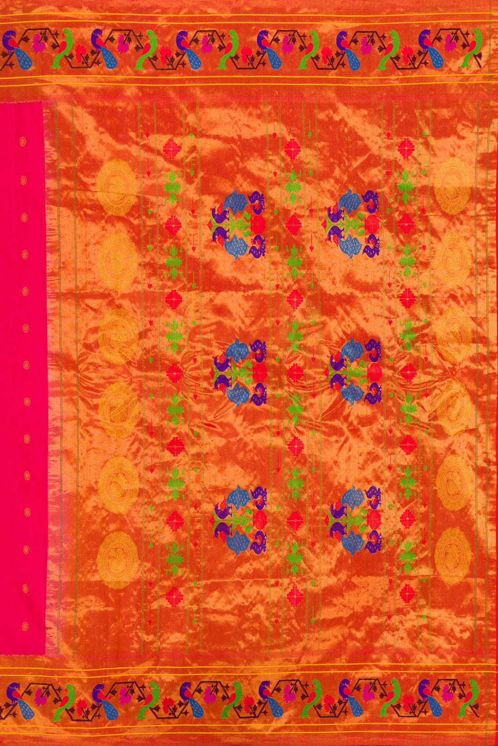 Close up image of the pallu of Pink Dual Tone Paithani Silk Saree with Zari Butta on the body and Paithani Border. 