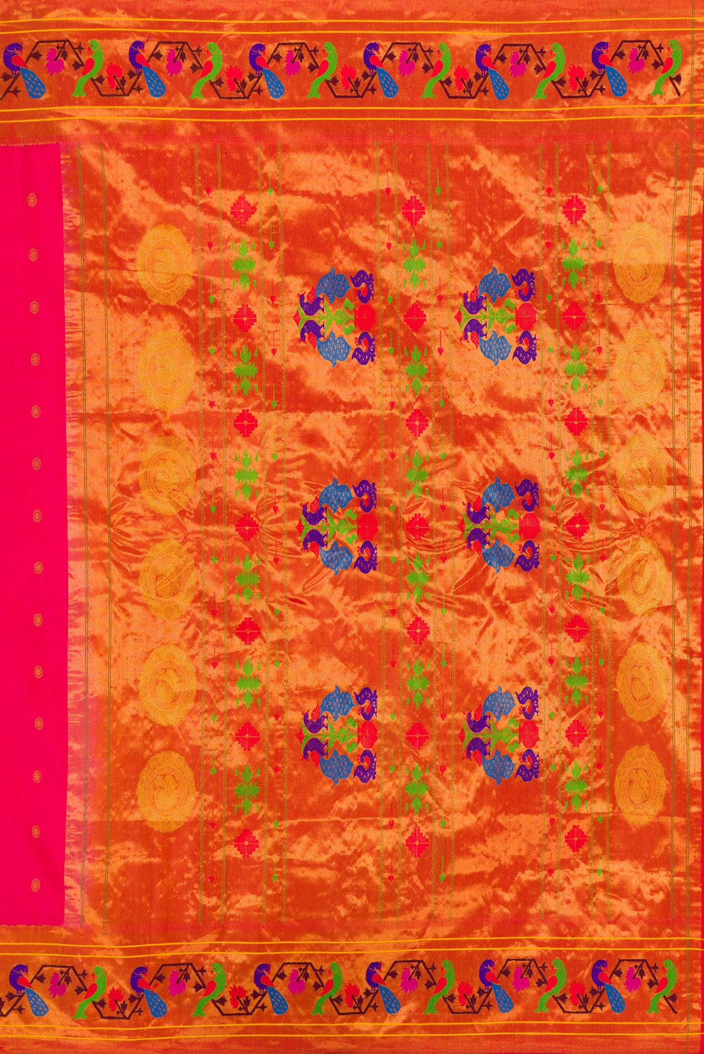 Close up image of the pallu of Pink Dual Tone Paithani Silk Saree with Zari Butta on the body and Paithani Border. 