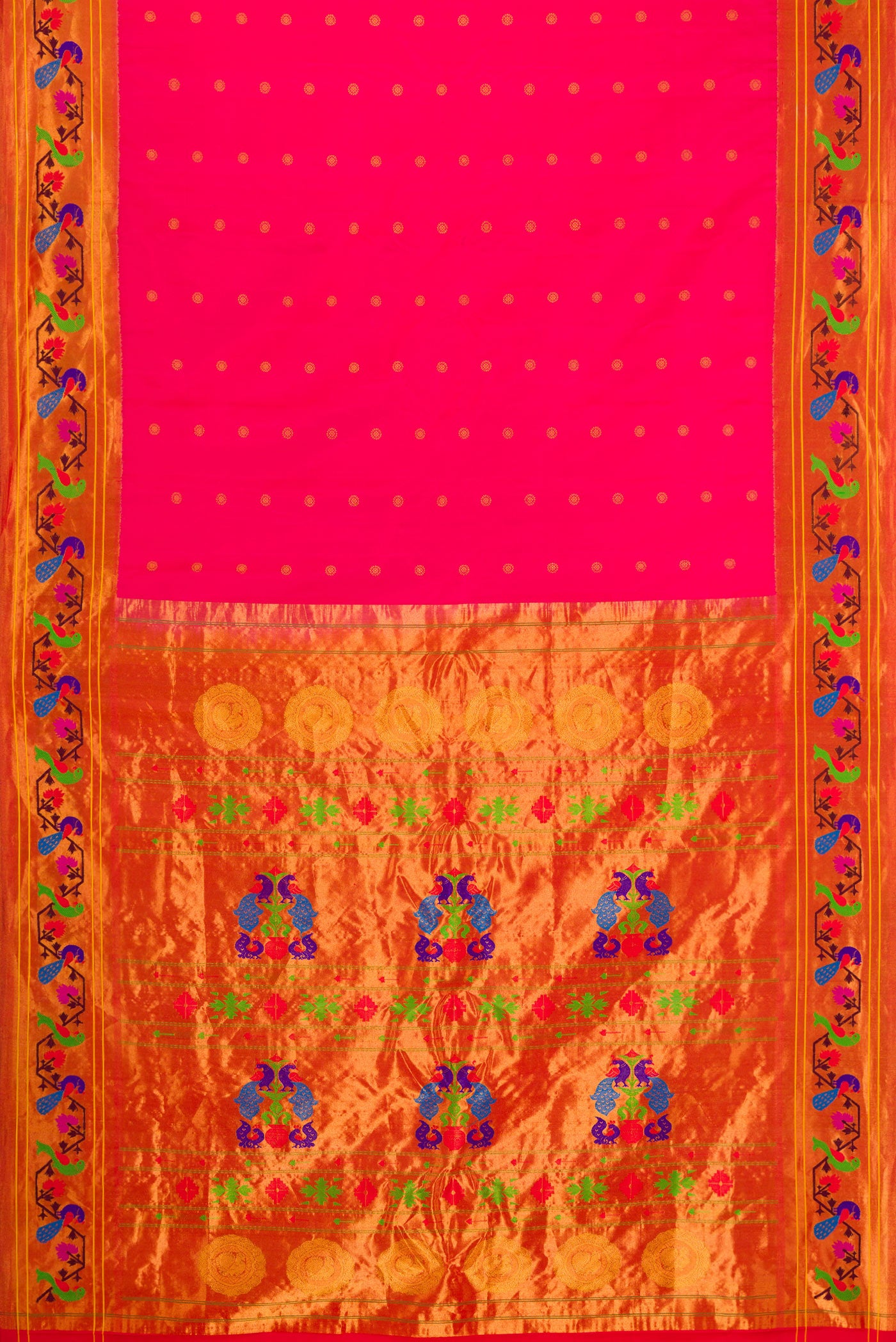 Flat view of Pink Dual Tone Paithani Silk Saree with Zari Butta on the body and Paithani Border. 