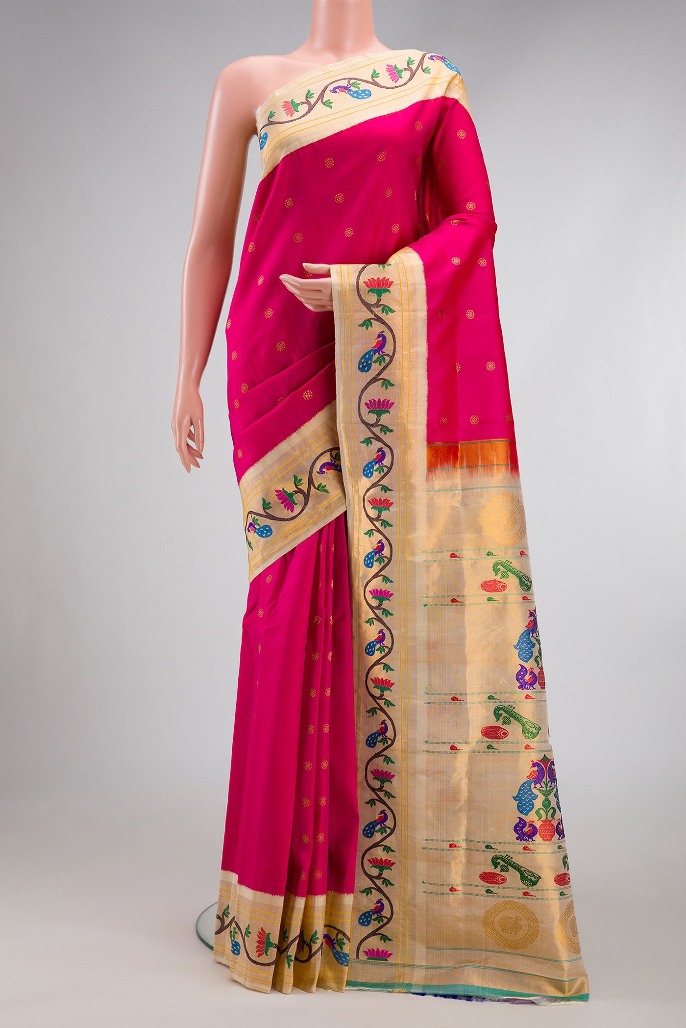 Dark Pink Paithani Silk Saree with Zari Butta on the body and Paithani Border.  displayed on a mannequin