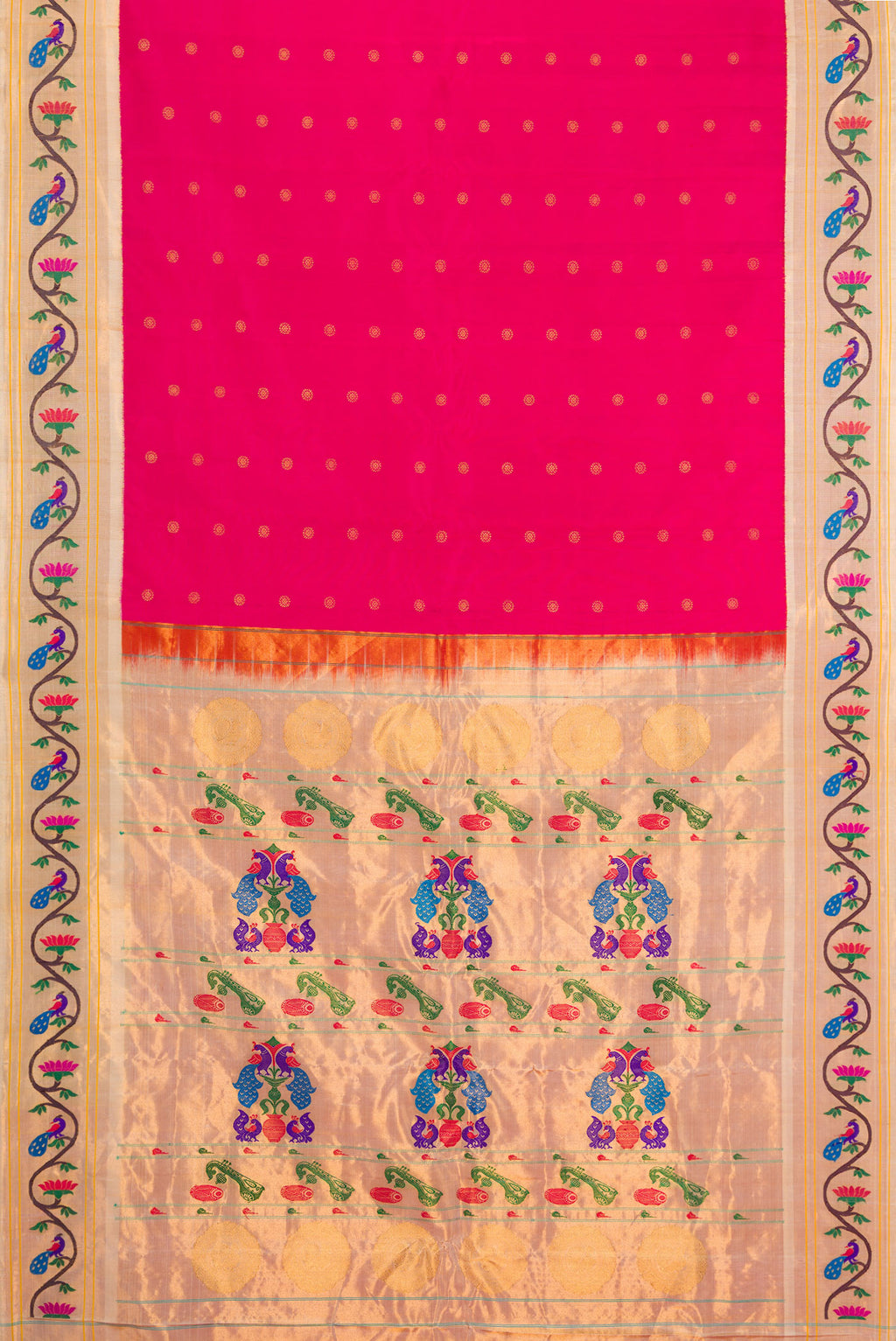 Flat view of Dark Pink Paithani Silk Saree with Zari Butta on the body and Paithani Border. 