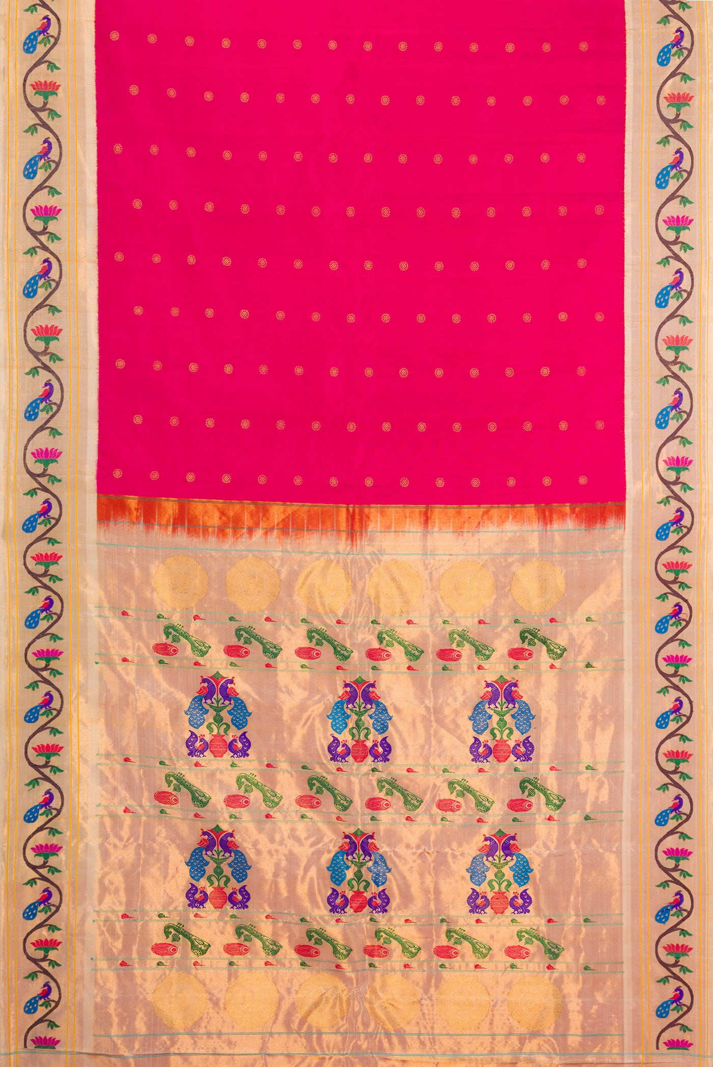 Flat view of Dark Pink Paithani Silk Saree with Zari Butta on the body and Paithani Border. 