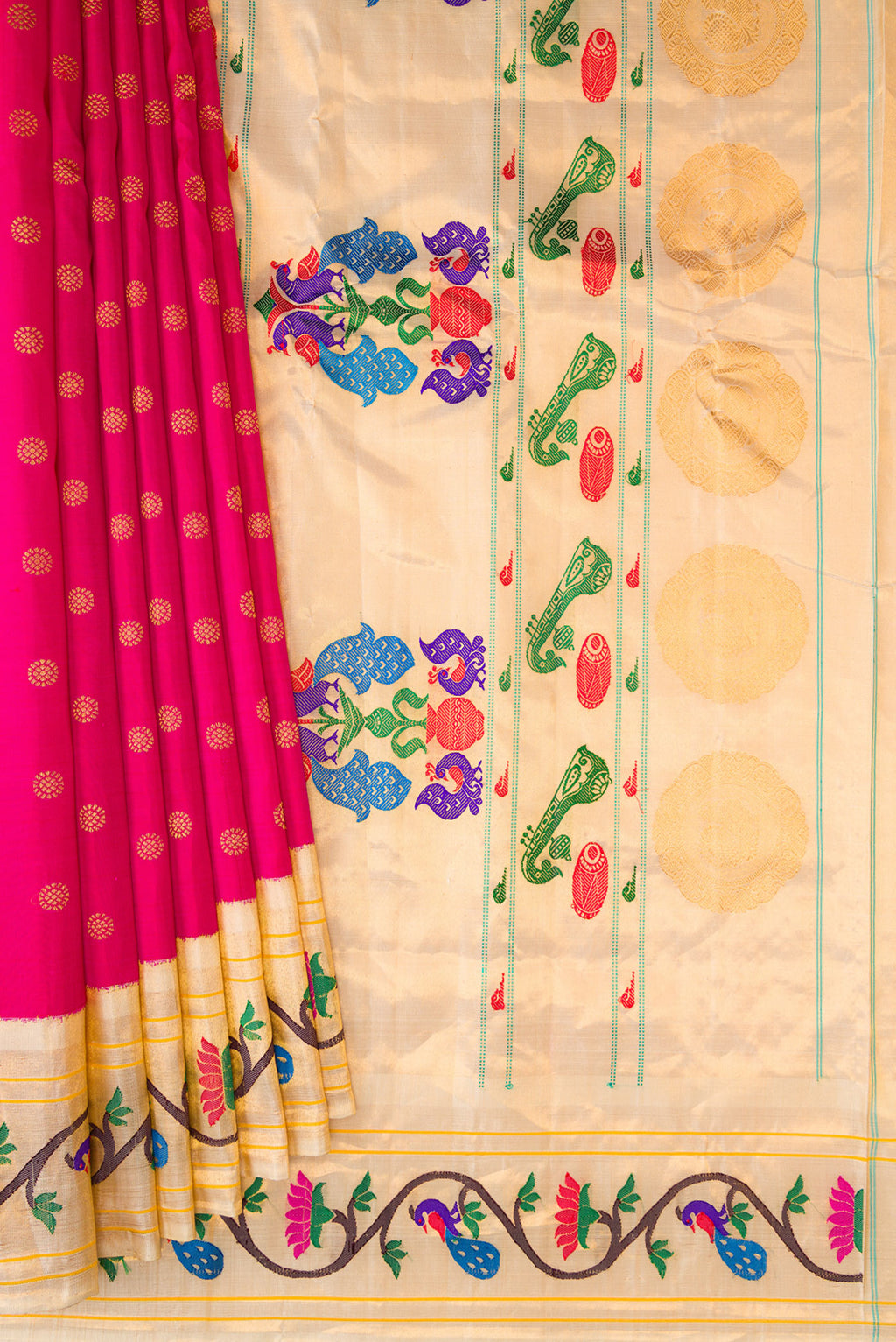 Pleats and pallu of Dark Pink Paithani Silk Saree with Zari Butta on the body and Paithani Border. 