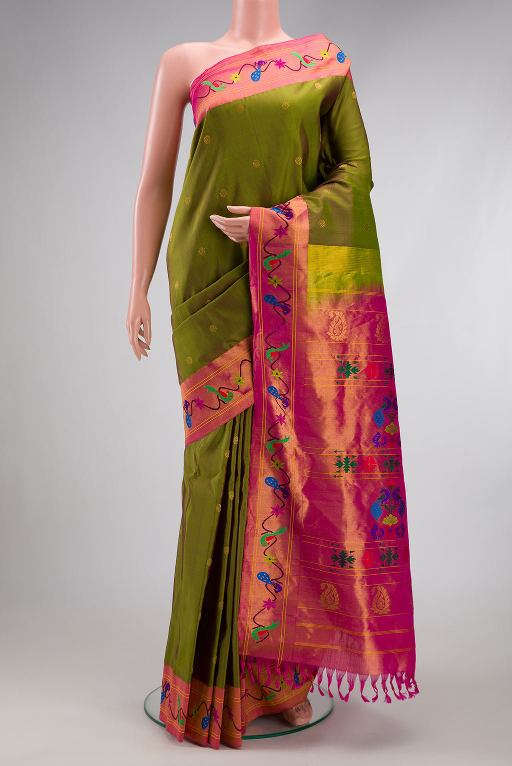 Mehandi Green Dual Tone Paithani Silk Saree with Zari Butta on the body and Fancy Border.  displayed on a mannequin