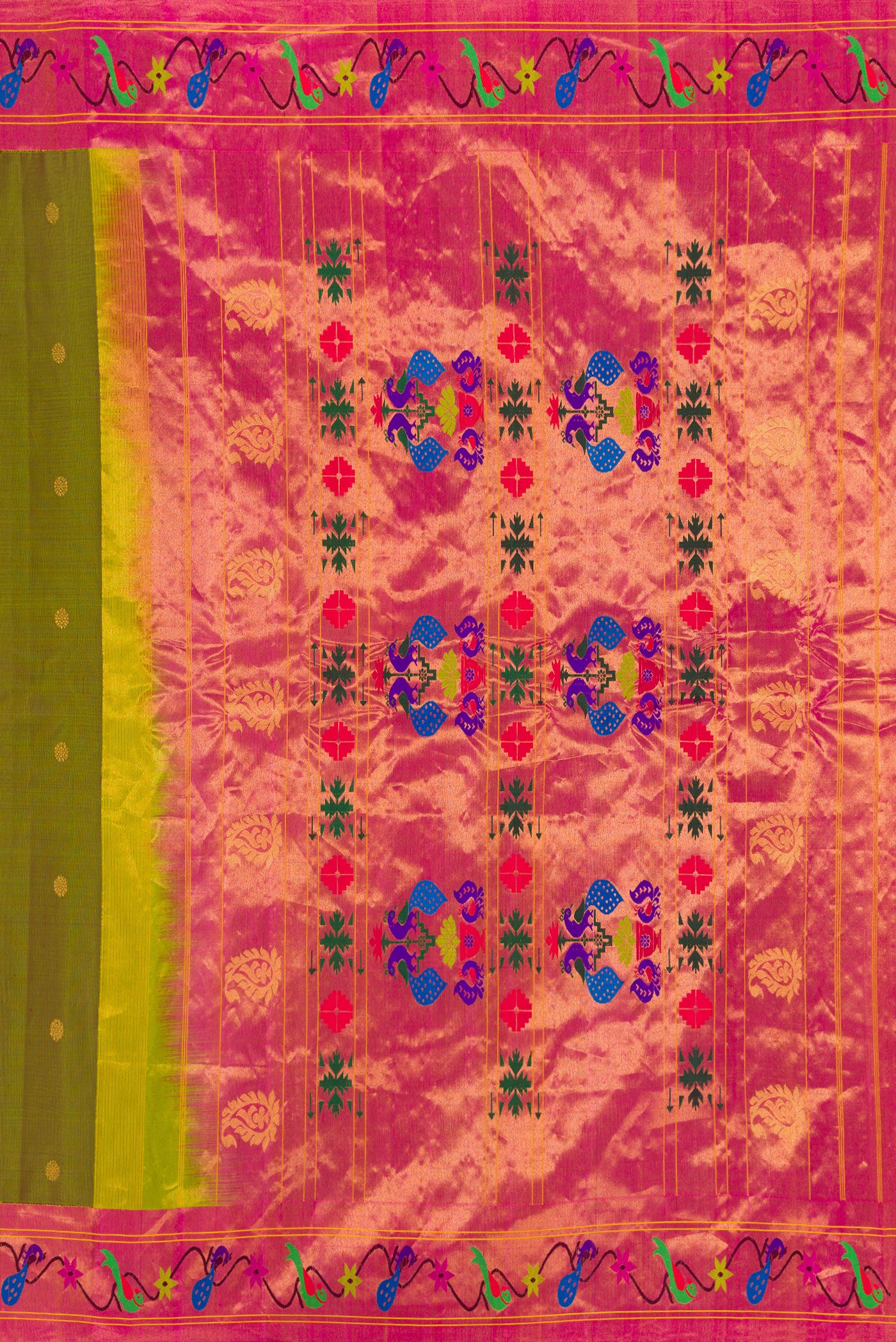 Close up image of the pallu of Mehandi Green Dual Tone Paithani Silk Saree with Zari Butta on the body and Fancy Border. 