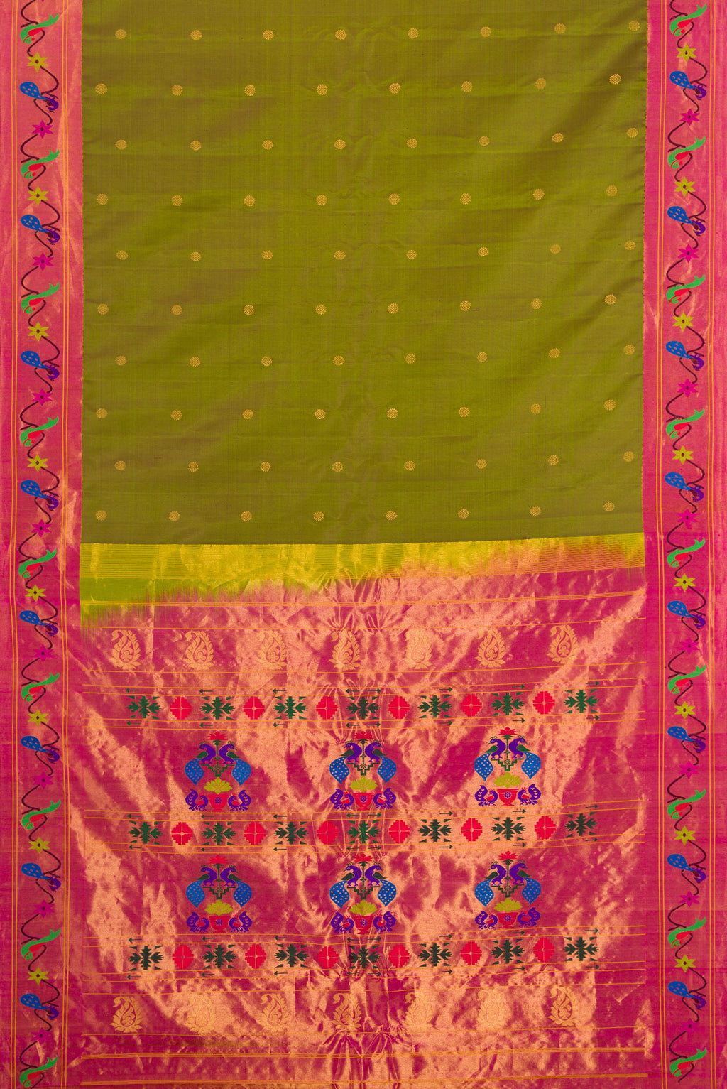 Flat view of Mehandi Green Dual Tone Paithani Silk Saree with Zari Butta on the body and Fancy Border. 