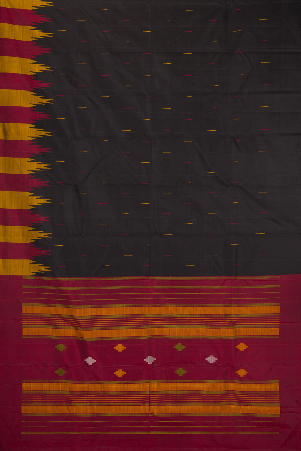 Flat view of Black Kanchipuram Silk Saree with Thread Butta on the body and Temple Border. 