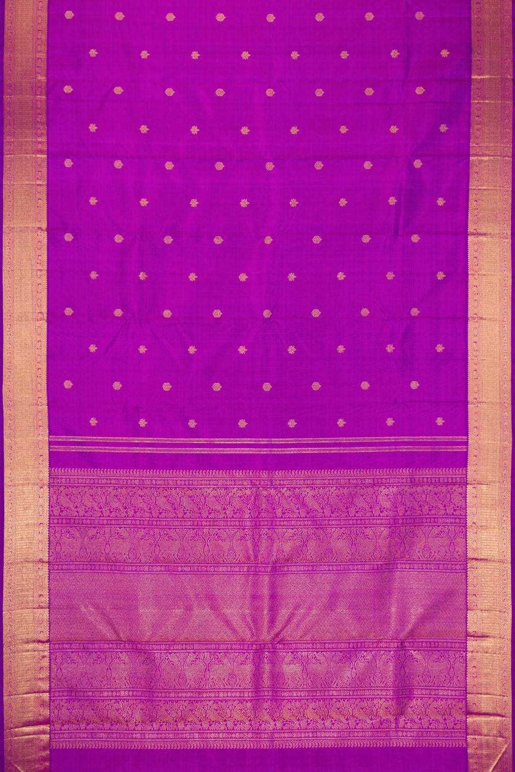 Flat view of Pure Silk Pure Zari Magenta Dual Tone Kanjivaram Saree with Zari Butta on the body and Zari Border. 