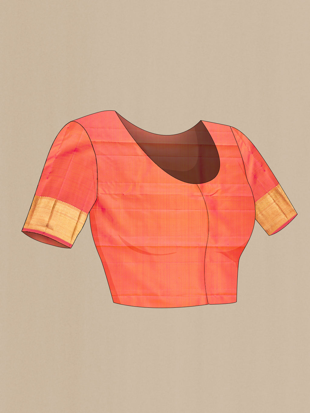 Close up image of the blouse of Pure Silk Pure Zari Coral Dual Tone Kanjivaram Saree with Zari Butta on the body and Zari Border. 