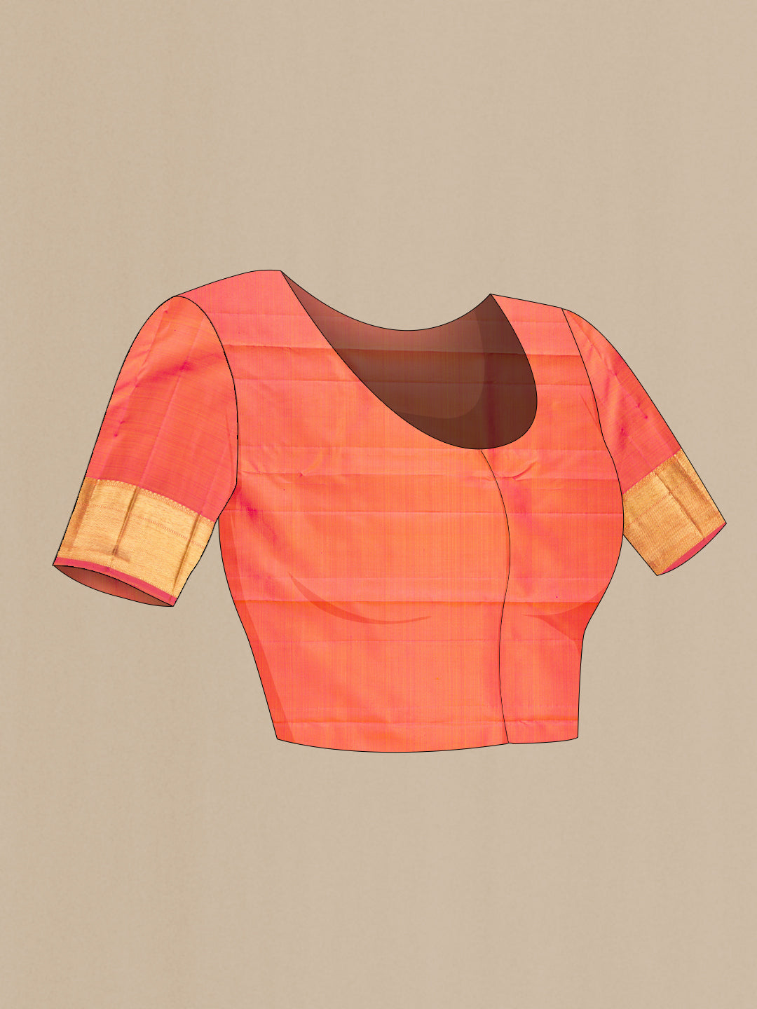 Close up image of the blouse of Pure Silk Pure Zari Coral Dual Tone Kanjivaram Saree with Zari Butta on the body and Zari Border. 