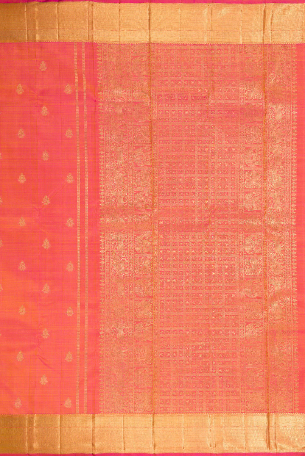 Close up image of the pallu of Pure Silk Pure Zari Coral Dual Tone Kanjivaram Saree with Zari Butta on the body and Zari Border. 