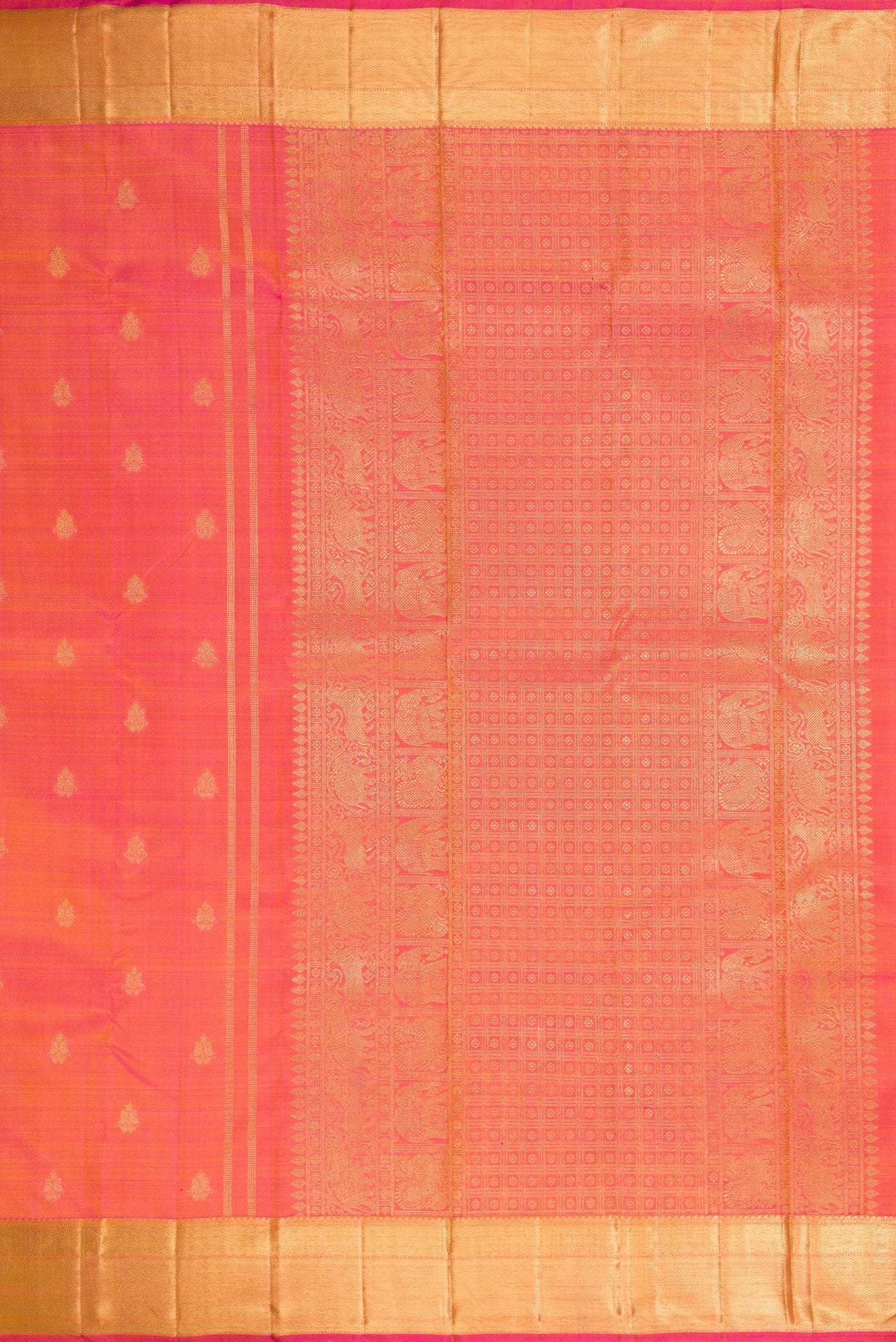 Close up image of the pallu of Pure Silk Pure Zari Coral Dual Tone Kanjivaram Saree with Zari Butta on the body and Zari Border. 