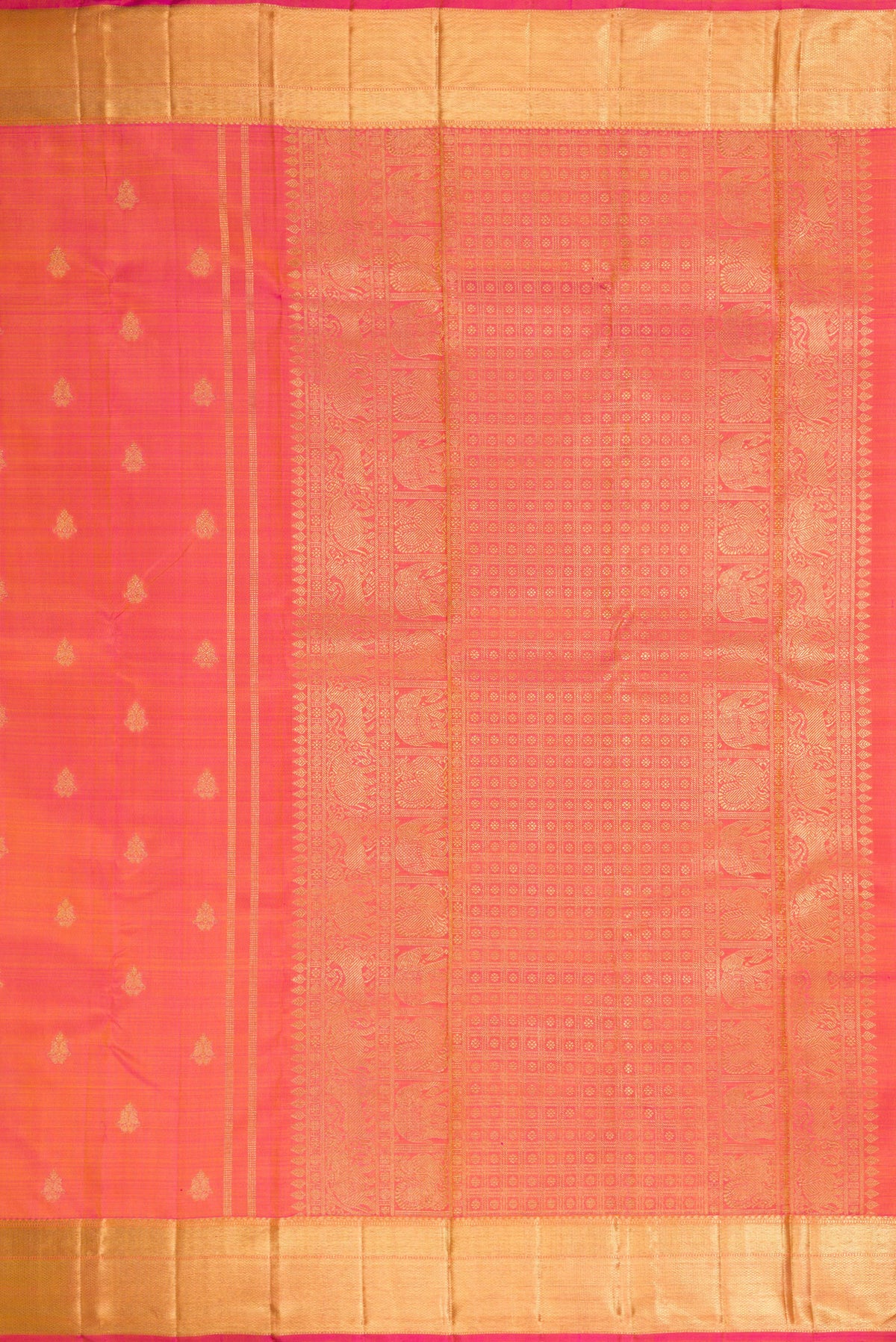 Close up image of the pallu of Pure Silk Pure Zari Coral Dual Tone Kanjivaram Saree with Zari Butta on the body and Zari Border. 